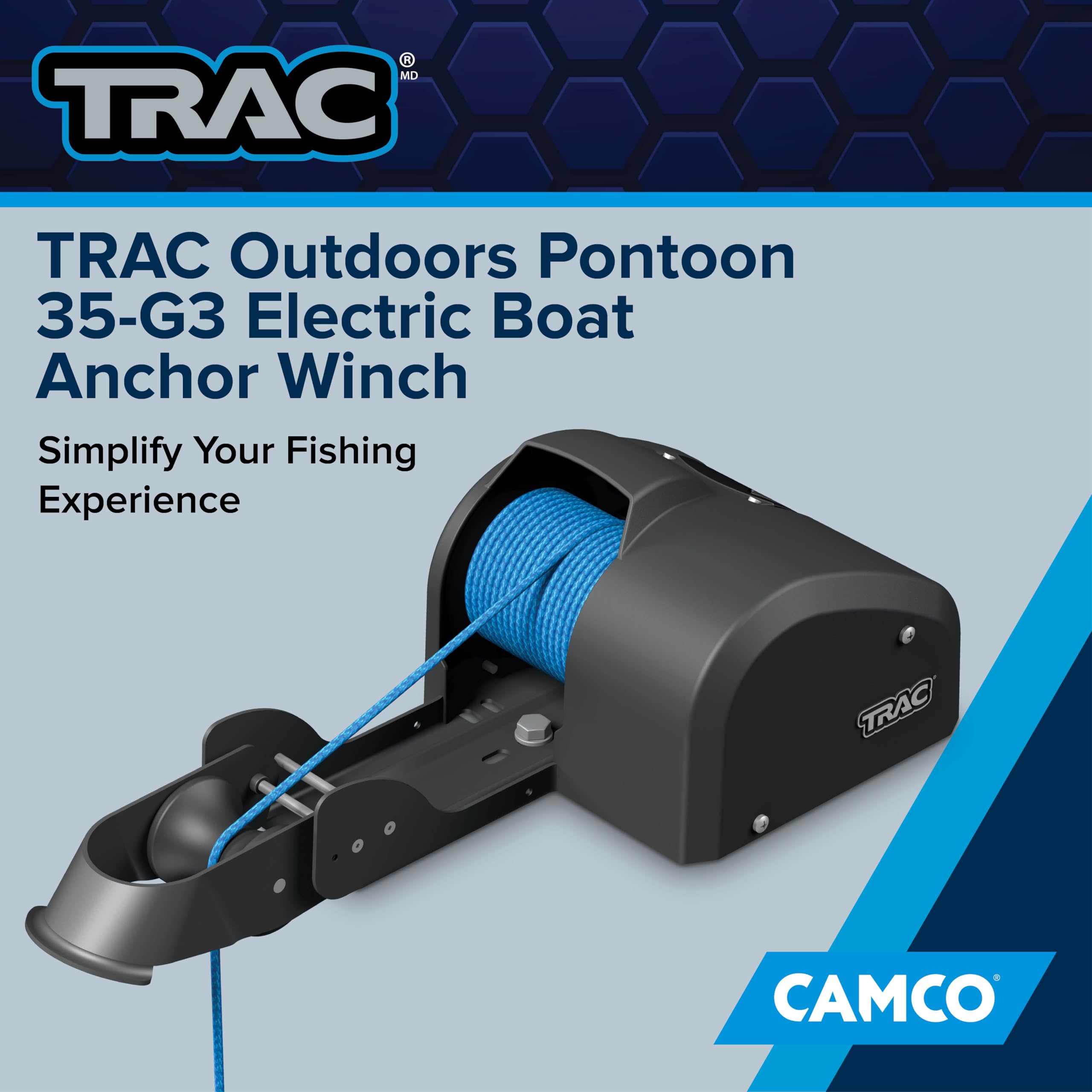 Camco TRAC 35-G3 Outdoors Pontoon Electric Boat Anchor Winch - Easy-to Operate & Features a High-Efficiency, 12-Volt DC, All Steel Gear Motor & 100-feet Pre-Wound Double-Braid Anchor Rope (69003)