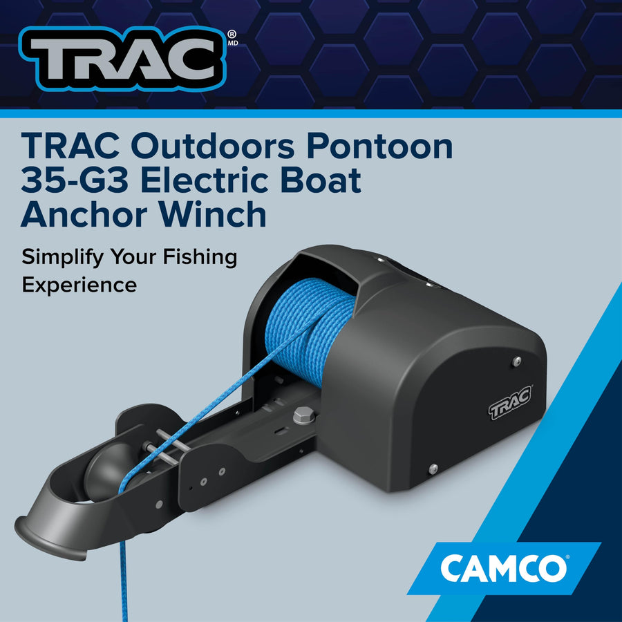 Camco TRAC 35-G3 Outdoors Pontoon Electric Boat Anchor Winch - Easy-to Operate & Features a High-Efficiency, 12-Volt DC, All Steel Gear Motor & 100-feet Pre-Wound Double-Braid Anchor Rope (69003)
