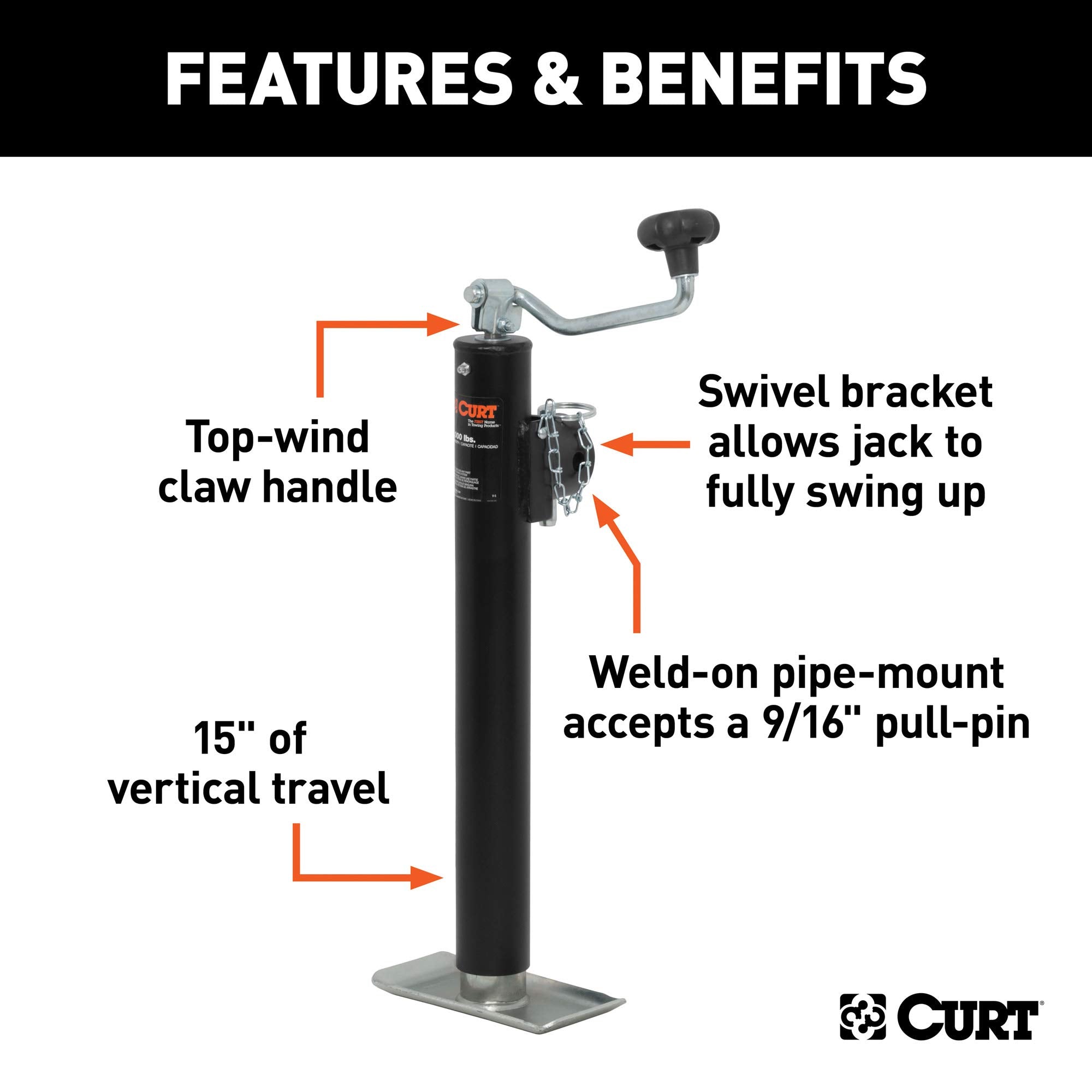 CURT Weld-On Pipe-Mount 28323 Swivel Trailer Jack, 2,000 lbs. 15 Inches Vertical Travel