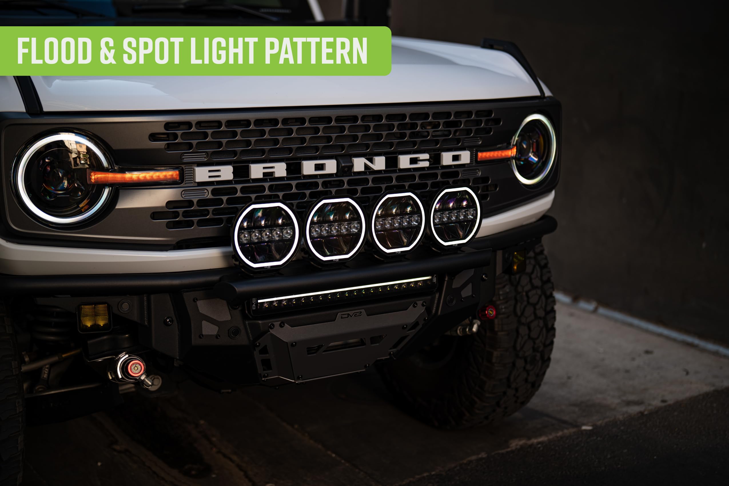 7-Inch DV8 Offroad Halo Elite Round Light with Accent Halo | Driving & Offroad Modes | Flood & Spot Light Pattern | 3,600 Lumens | 5700K Color | Amber or Clear Accent Halo | IP 68 Rated