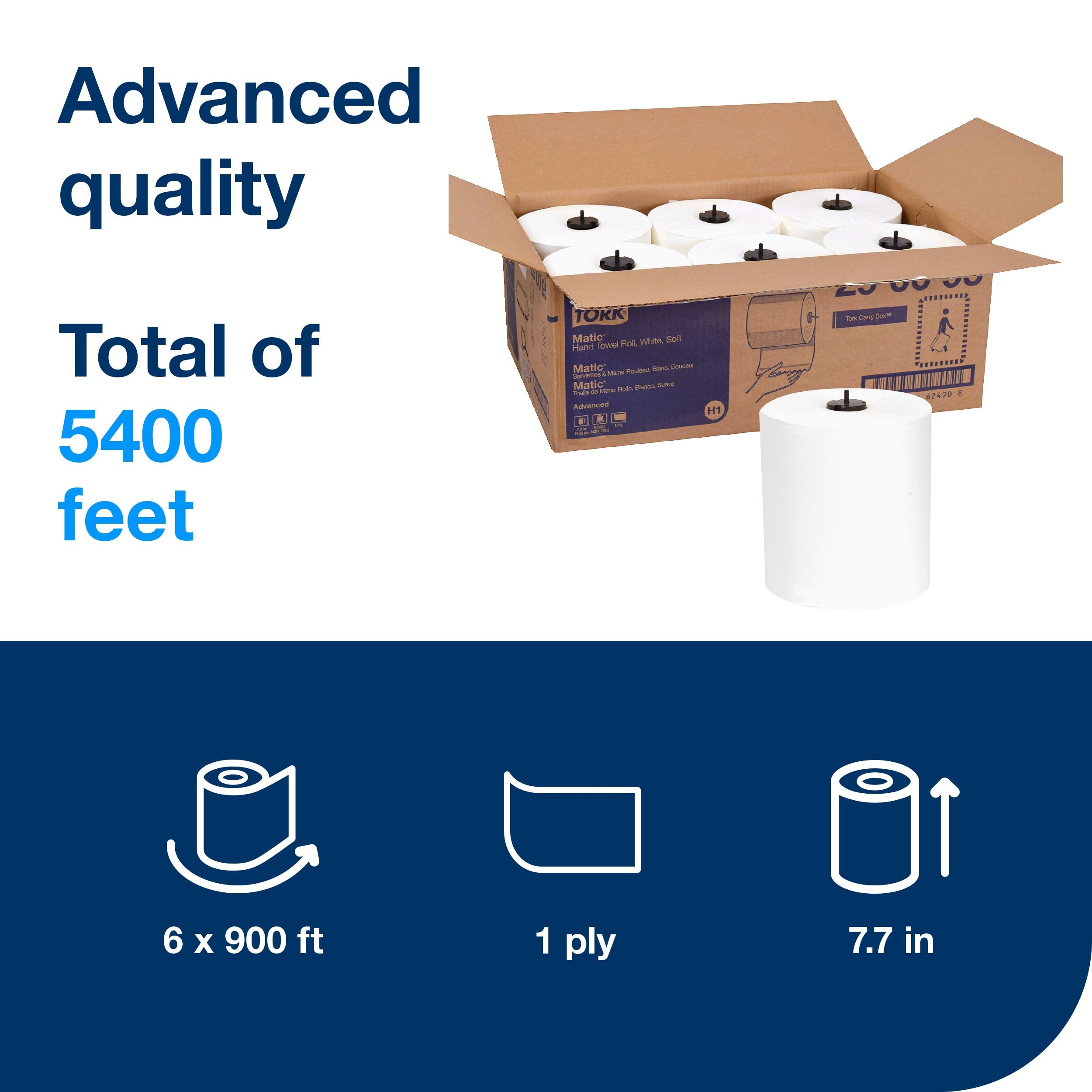 Matic Tork Soft Hand Towel Roll White H1, Advanced, High Absorbency, 6 Rolls x 900 ft, 290095