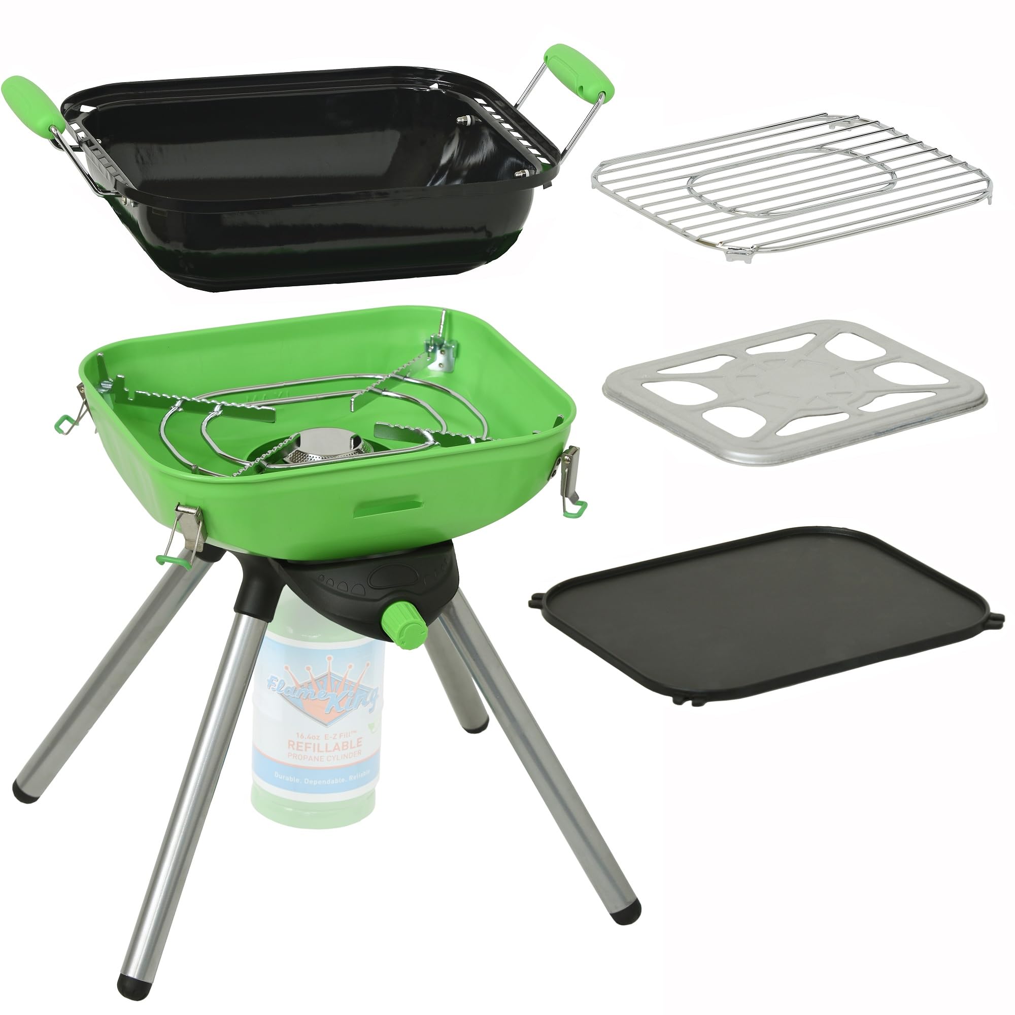 Flame King Multi-Function YSNVT-301 Portable Propane BBQ Grill Camp Stove, 8000 BTU 9.5 x 12 Inch Cooking Surface, Light Green/Black