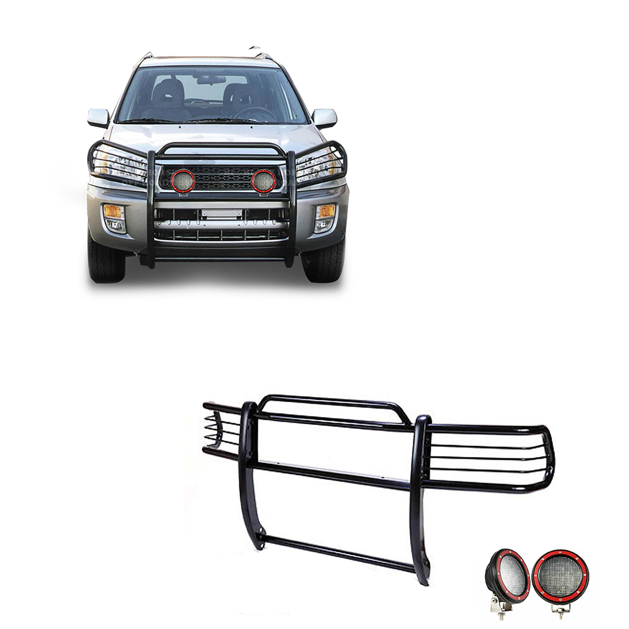 Bumper Guard Black Horse Grille Brush Modular Black Come with Pair of 5.3" Dia.LED Lights with Red Trim Rings Compatible with 2001-2005 Toyota RAV4-17TH26MA-PLFR