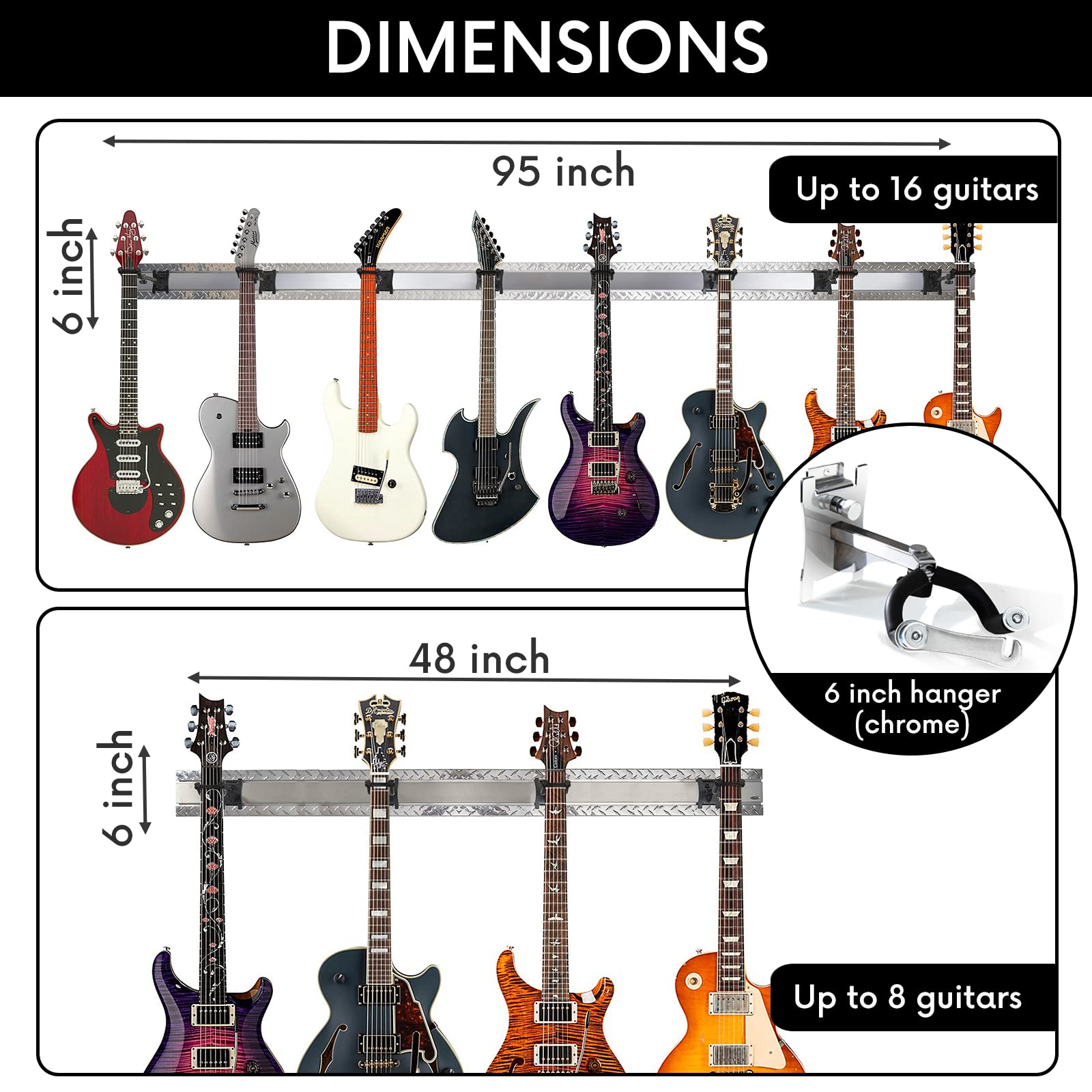 Guitar Wall Mount Horizontal + 8 Guitar Hooks: Guitar Hanger & Guitar Rack Wall Mount Guitar Holder Stand, Ukulele Hangers, Banjo Wall Mount Guitar Accessories & Violin Organizer -95” Black