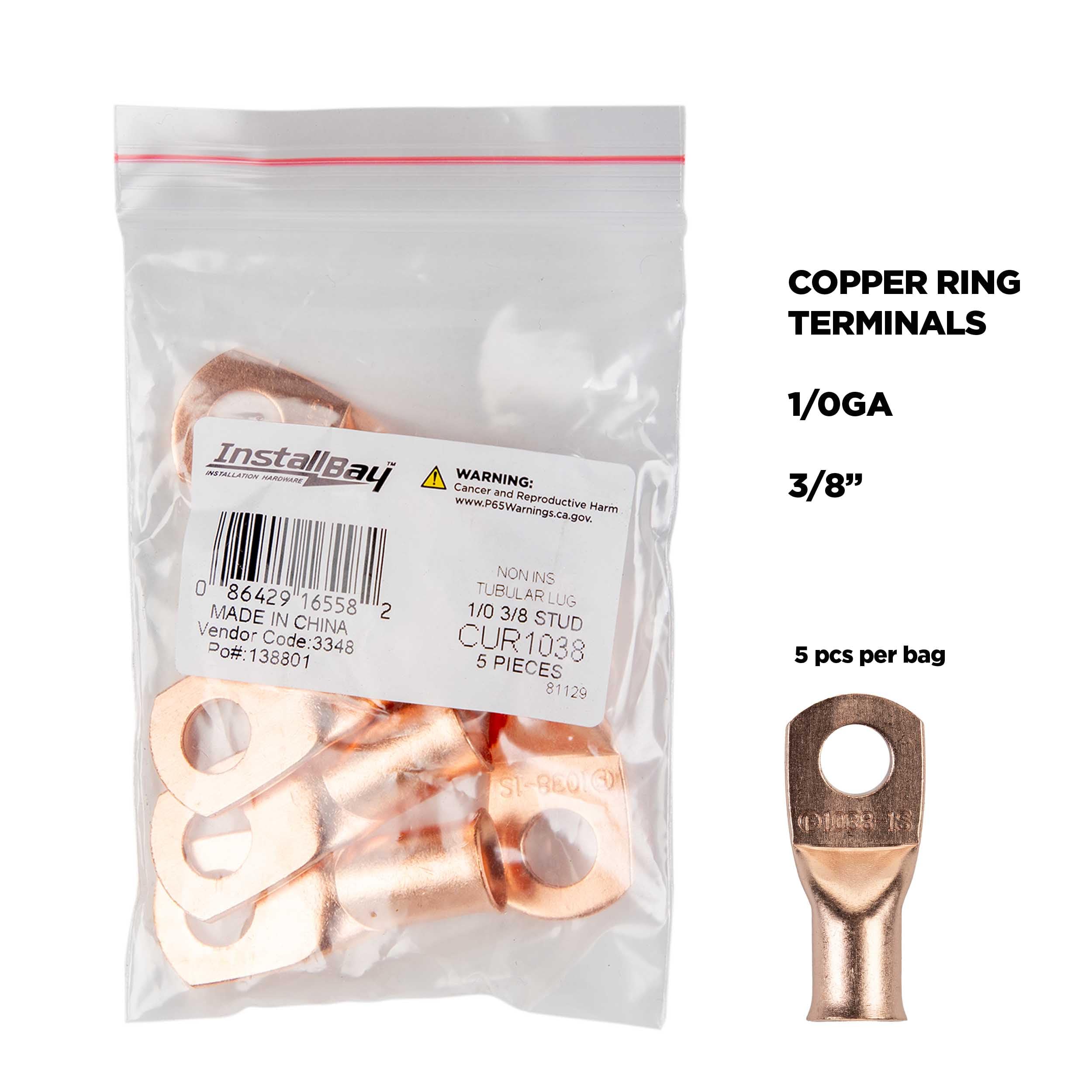 Copper Install Bay Uninsulated Ring Terminal 1/0 Gauge 3/8 Inch