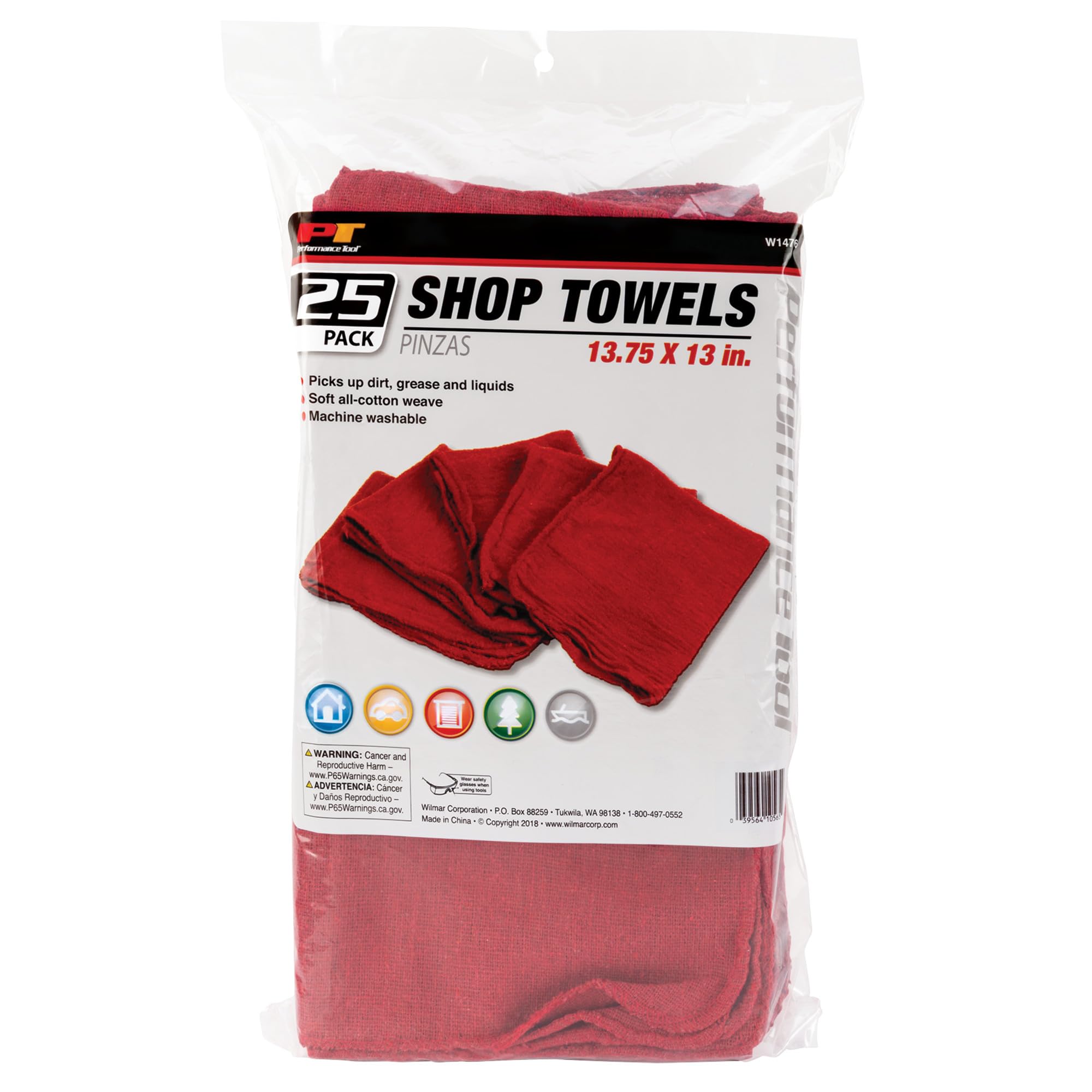 W1476 Performance Tool All-Cotton Shop Towels, Machine Washable, Soft Weave, Ideal for Cleaning Dirt, Grease, and Liquids, Size 13.75-Inch x 13-Inch