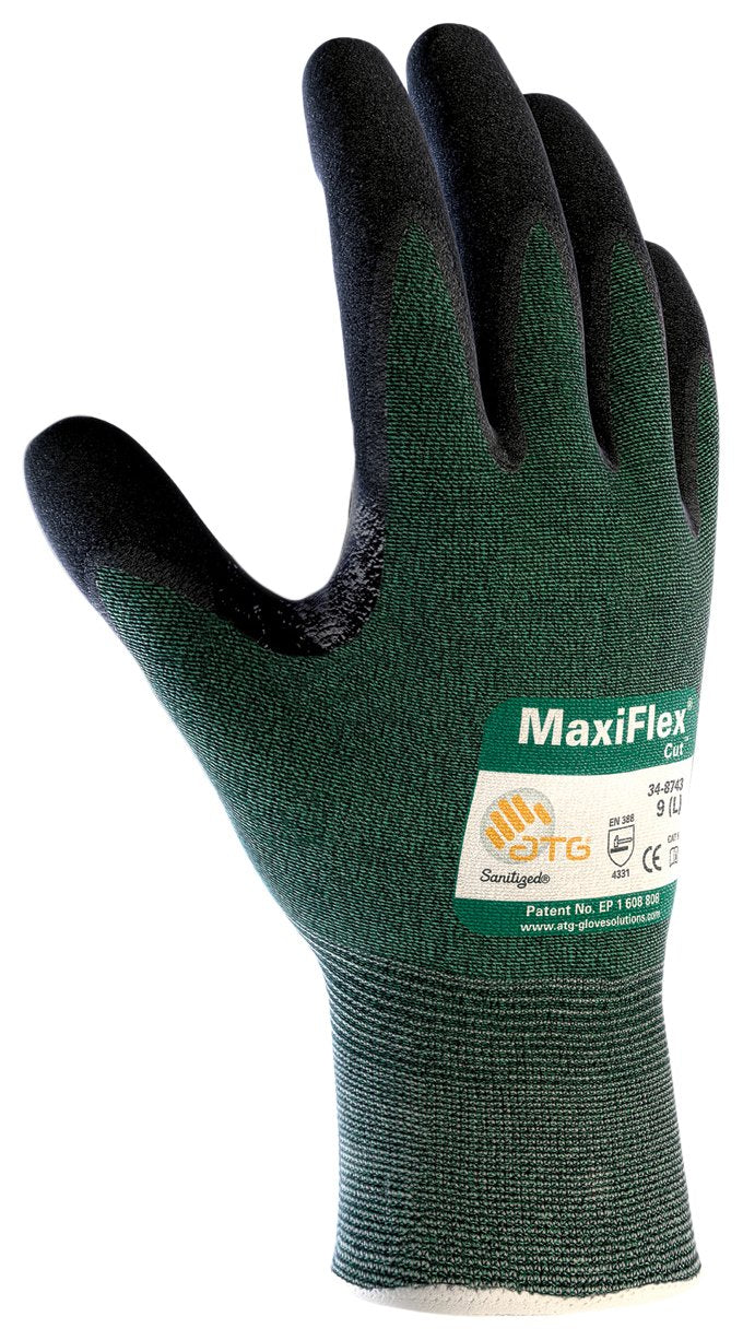 Maxiflex Cut ATG 34-8743/XXL, Green Eng Yarn Shell, Black Nitrile Microfoam Grip, A2 Green