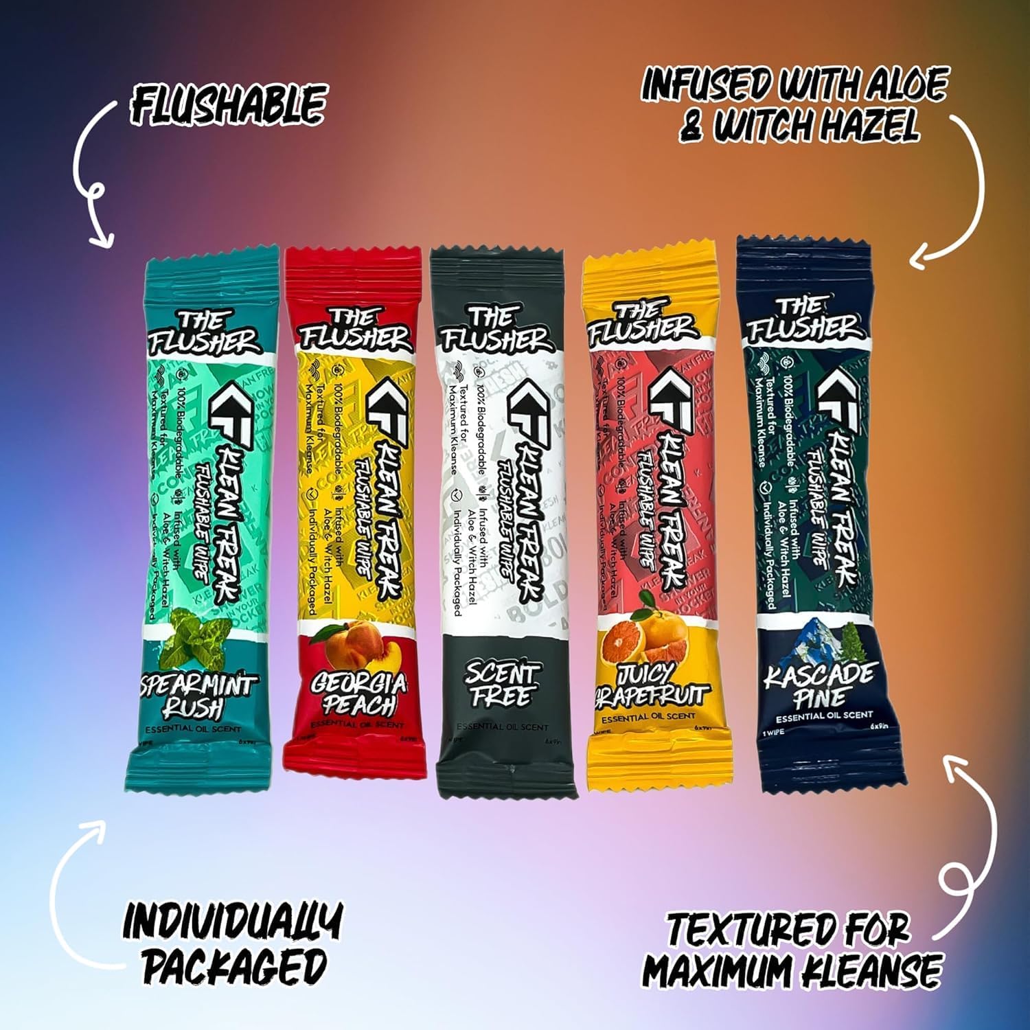 FLUSHABLE WIPES THE KLEAN FREAK - For Adults & Kids - 100% BIODEGRADABLE Individual Wrapped Travel WET Wipe for Toilet - Soothing Aloe & Witch Hazel - Alcohol Free 20 Pack - Mixed