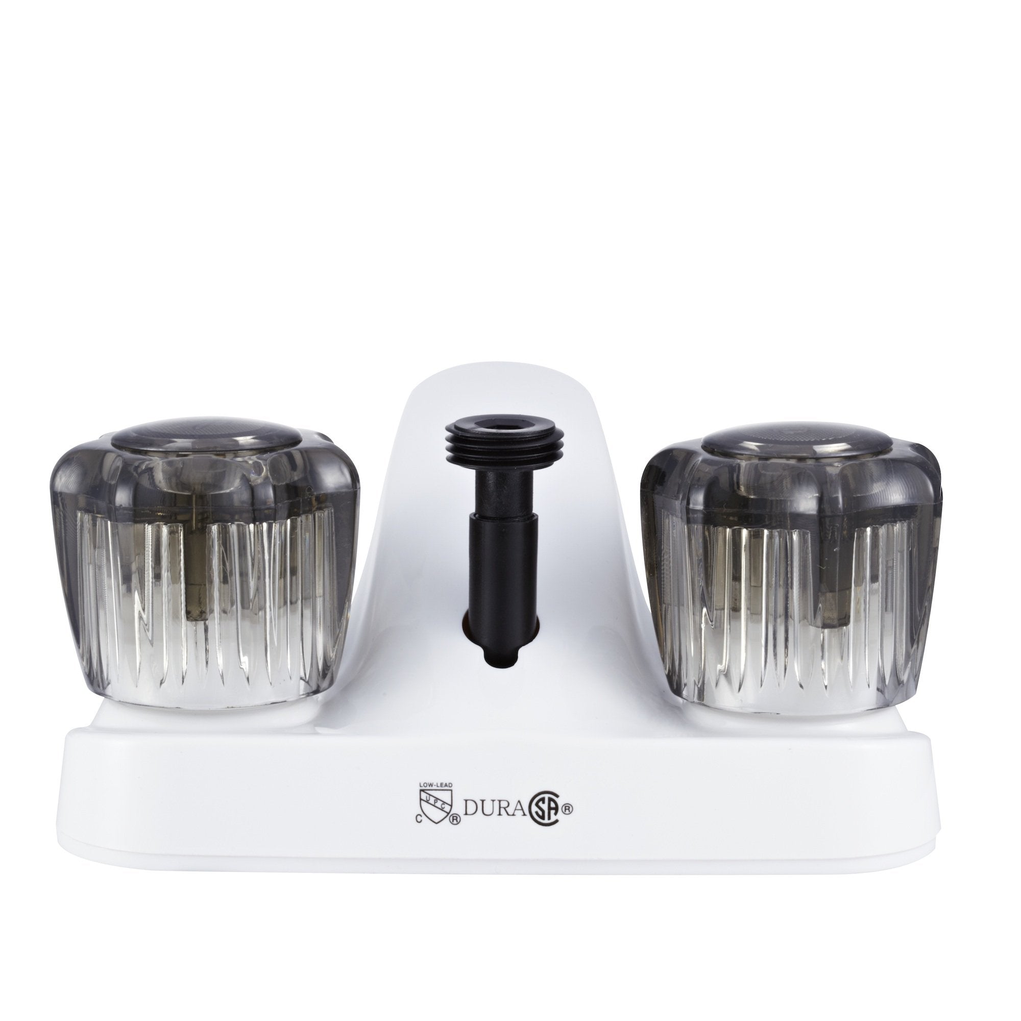 Dura Faucet RV Bathroom Faucet DF-PL720S-WT with Smoked Acrylic Knobs and Shower Hose Diverter (White)