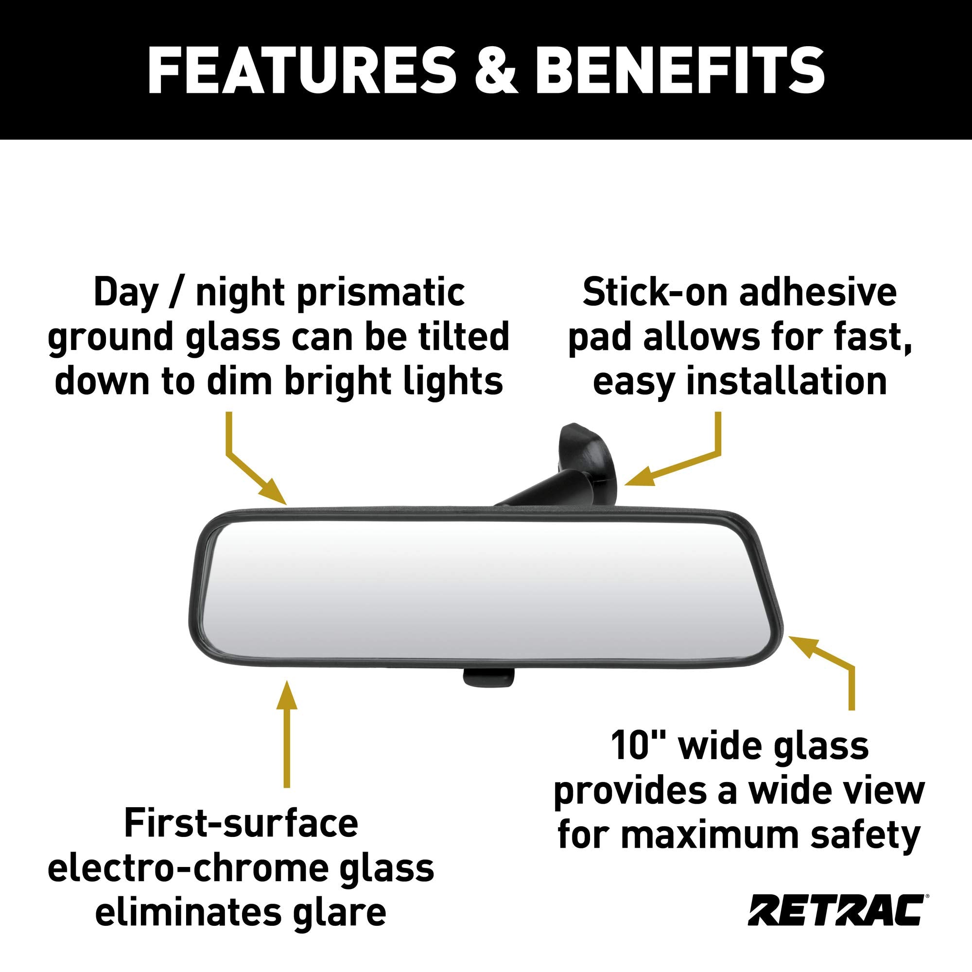 RETRAC Universal 10-Inch Day-Night Stick-On Rear View Mirror, Black Vinyl, Truck, SUV, Van, Car