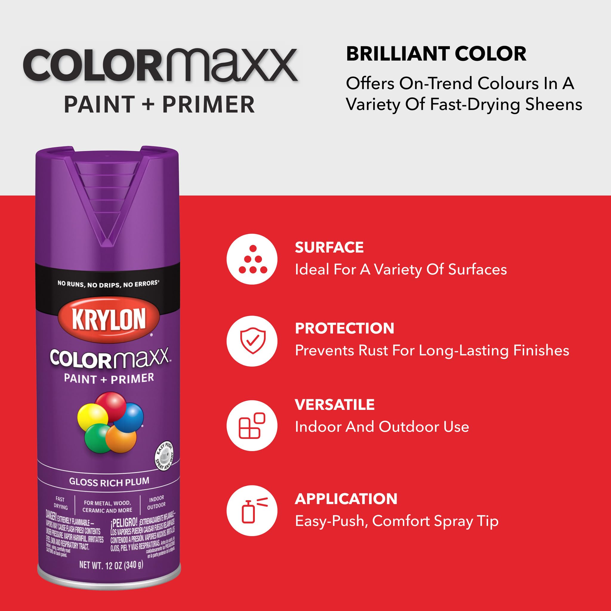 Krylon K05536007 Spray Paint and Primer COLORmaxx for Indoor/Outdoor Use, Gloss Rich Plum , 12 Ounce (Pack of 1)