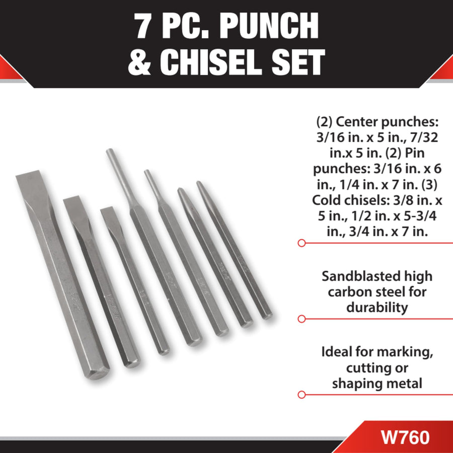 W760 Performance Tool 7-Piece Punch & Chisel Set, High Carbon Steel, Ideal for Metalwork