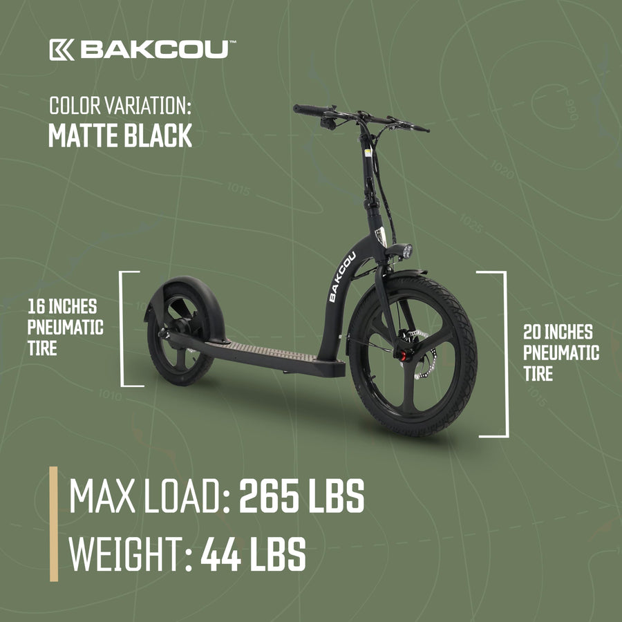 Bakcou - Electric Scooter Foldable Badger with Seat - Matte Black - 350W Motor 36V Battery, Large Wheels, Disc Brakes with Lights, Horn & Charger