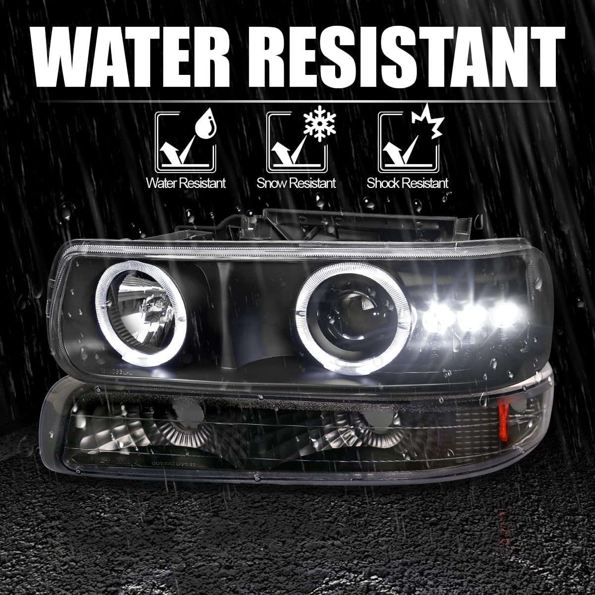 Black LED Halo Projector Headlights + Bumper Lights SPEC-D TUNING Compatible with 1999-2002 Chevy Silverado 2000-2006 Tahoe, Left + Right Pair Headlamps Assembly
