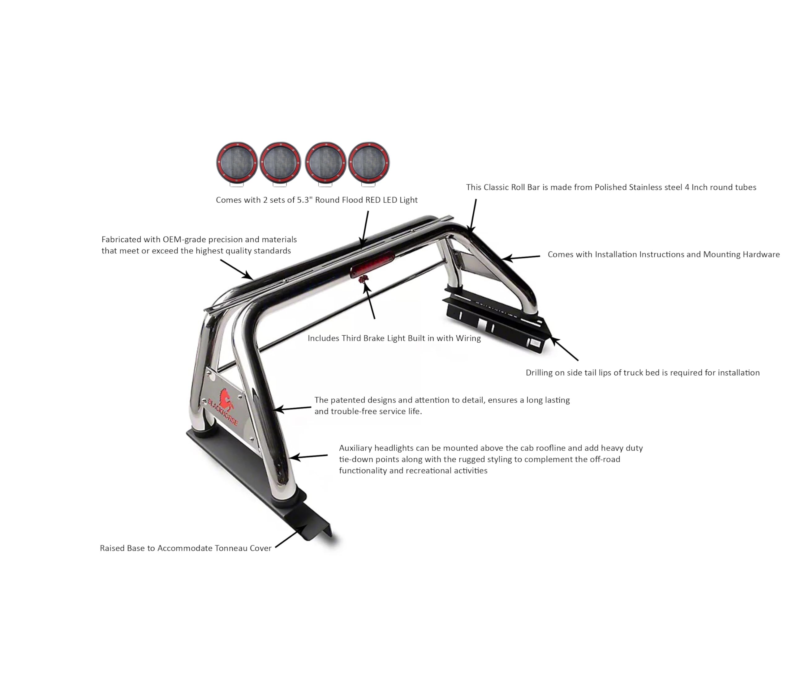 Classic Black Horse Roll Bar Incl. Set of 5.3" Dia.led Lights w/Red Trim Rings Stainless Steel Compatible with 2019-2022 Ford Ranger-RB08SS-PLFR