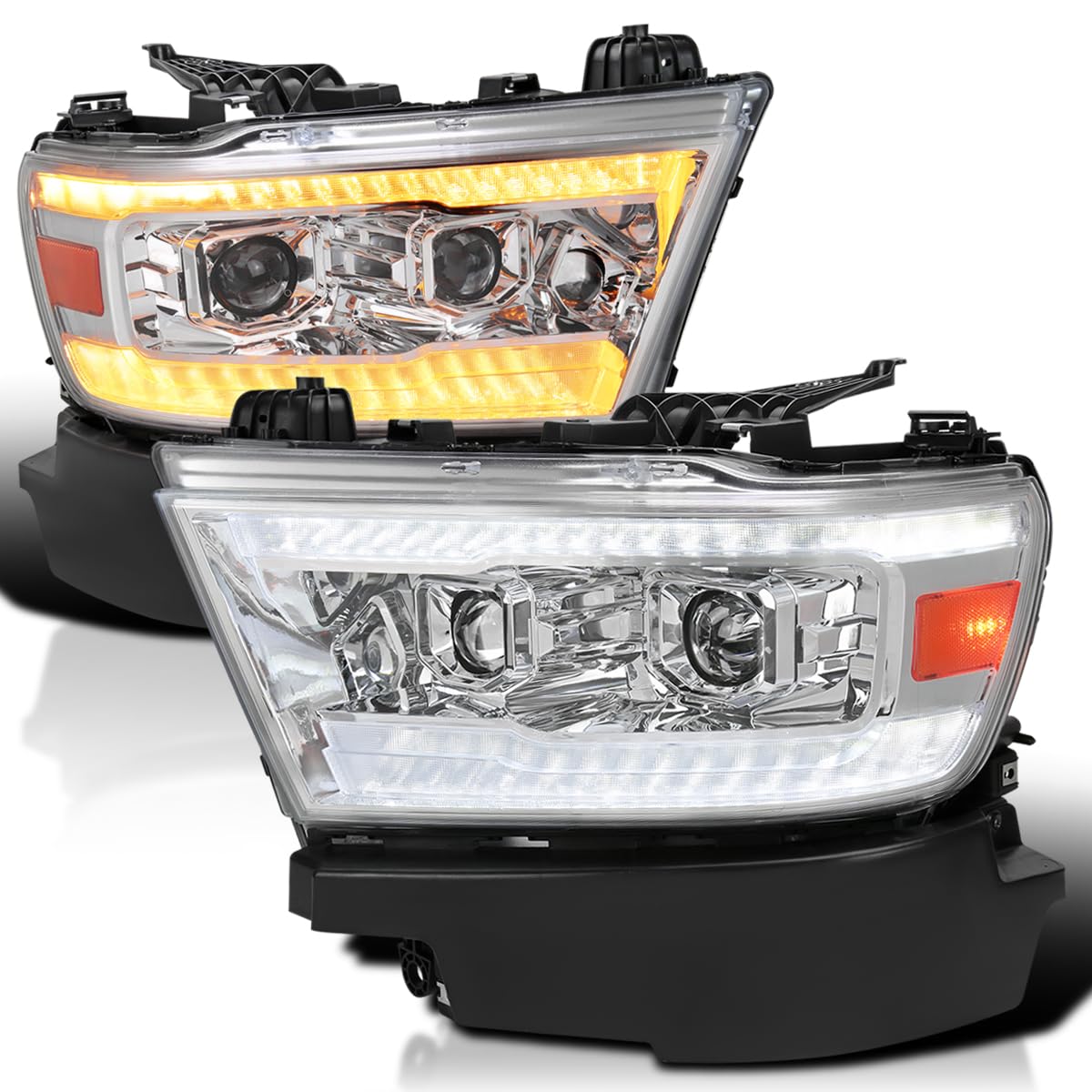 Chrome Projector Headlights SPEC-D TUNING w/Sequential LED Tube Signal and Startup Animation Compatible with 2019-2024 Ram 1500, Left + Right Pair Headlamps Assembly
