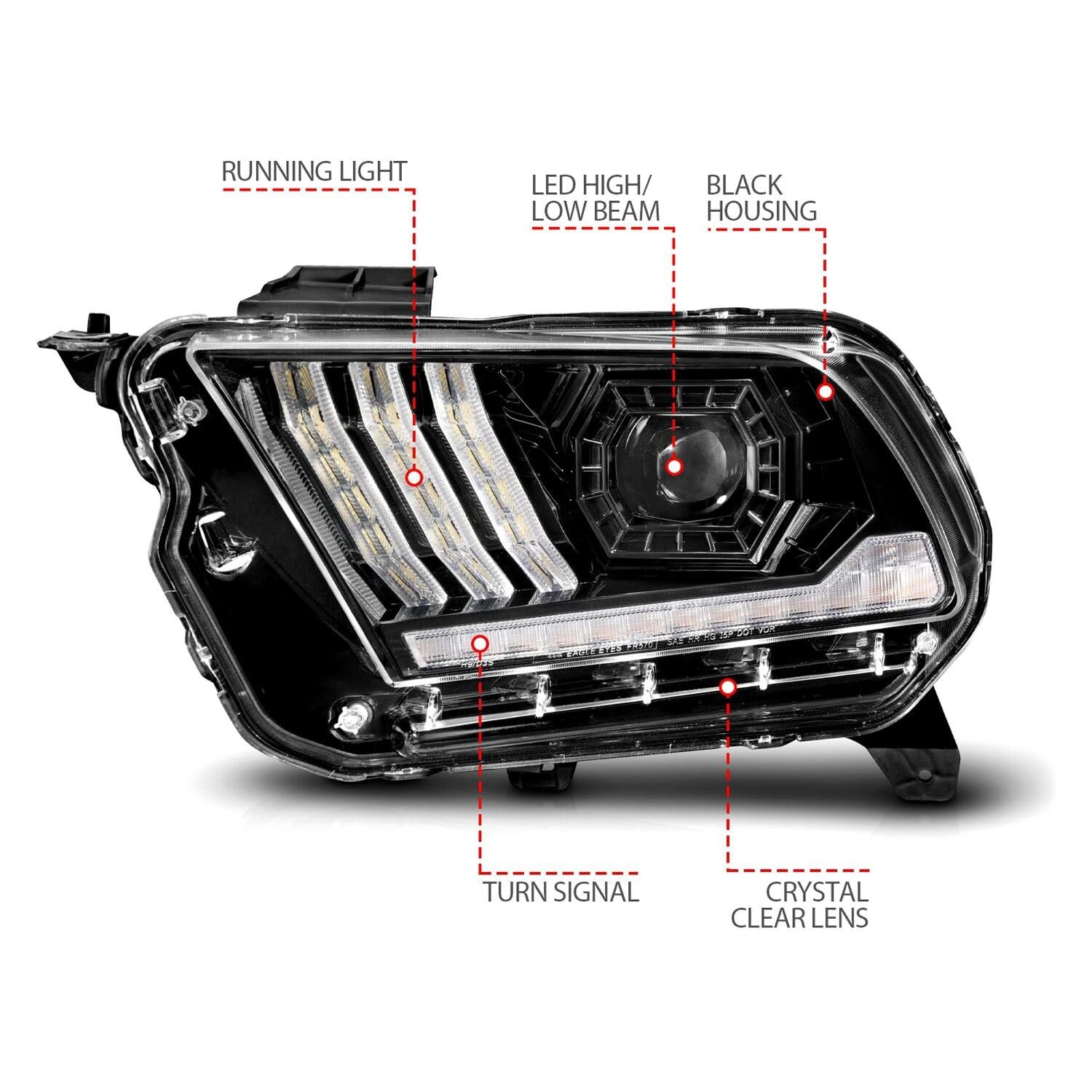 10-14 Ford Mustang ANZO LED Projector Headlights w/Sequential Light Tube (Non HID Compatible)