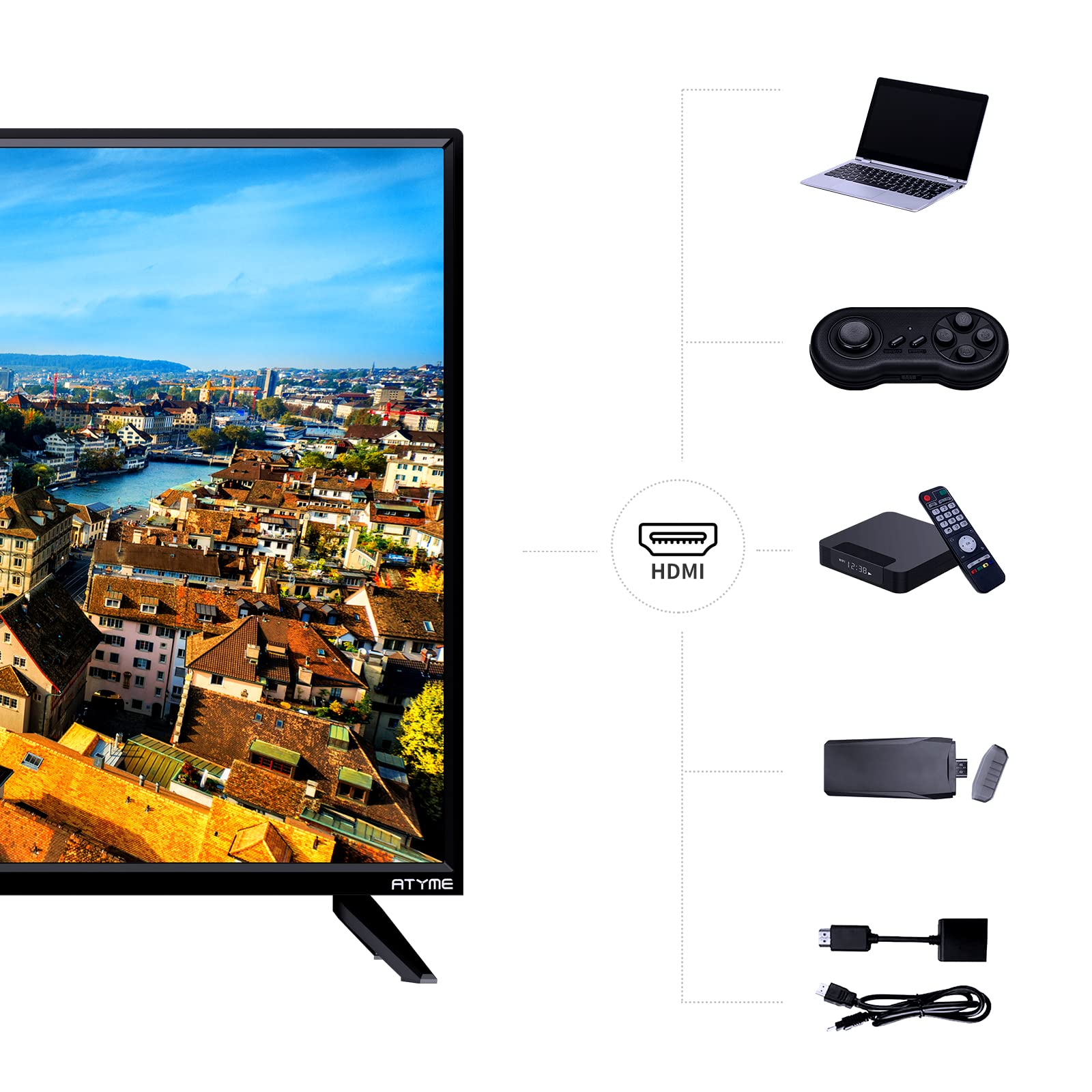32-inch ATYME Class 60Hz 720p HD LED TV Flat Screen 1*USB 3* HDMI 1*VGA ARC Dual Channel 8W Speakers Monitor Television Non-Smart Television 320GM5HD