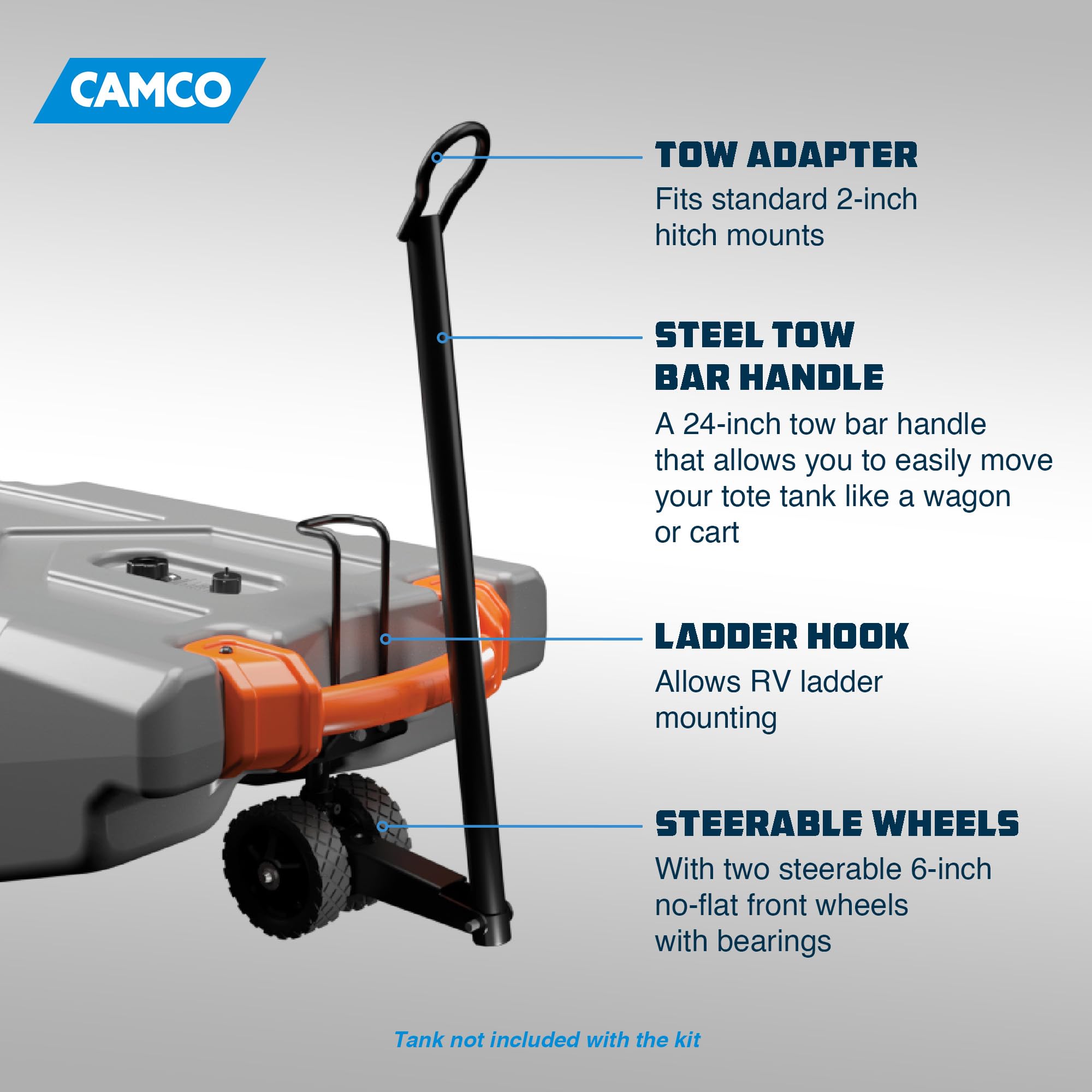 Camco Steerable Wheel Kit for 28 & 36-Gallon Rhino RV Tote Tanks - Features No-Flat Front Steerable Wheels, 24" Tow Bar & More RV Accessories (39011)