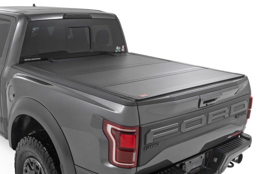 Rough Country Hard Tri-Fold Tonneau Cover for Ford F-150 (2021-26), Lightning (2022-26) - Aluminum Flip-Up Folding Bed Cover, Fits 5'7" (66.7") Bed