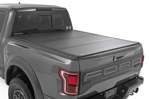 Rough Country Hard Tri-Fold Tonneau Cover for Ford F-150 (2021-26), Lightning (2022-26) - Aluminum Flip-Up Folding Bed Cover, Fits 5'7" (66.7") Bed