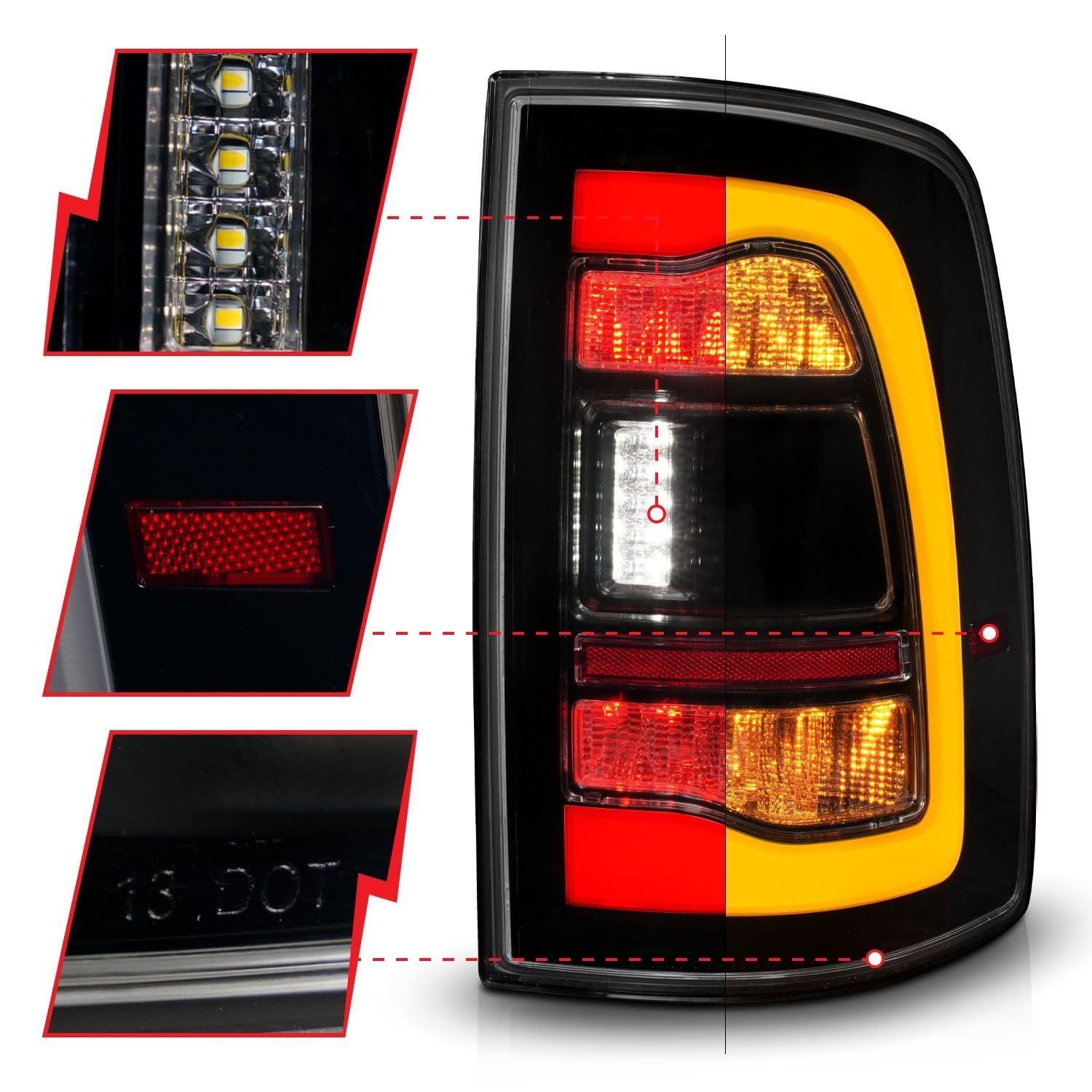 09-18 Dodge Ram 1500 ANZO Sequential LED Taillights Smoke Black w/Switchback Amber Signal