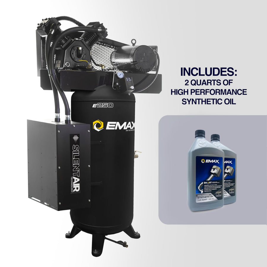 EMAX Air Silent Industrial Compressor - 5HP 60 Gal 19CFM Single Stage Vertical Compressor with Splash Lubricated Pump, Isolator Pads & Oil for First Change - Made in the USA - ESS05V060V1