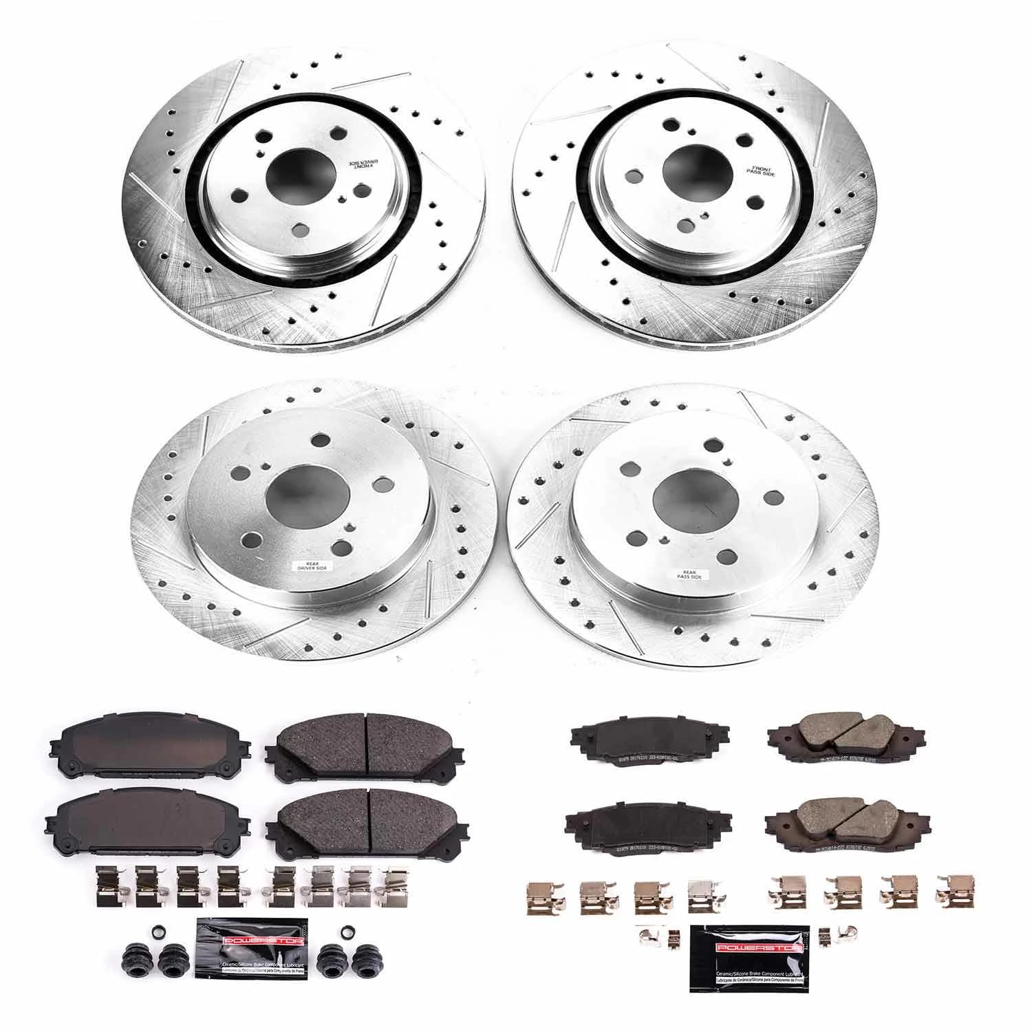 Power Stop K8633 Z23 Brake Kit-Drilled/Slotted Front and Rear Brake Rotors & Carbon Ceramic Brake Pads For Toyota Avalon 2020-2021, Toyota Camry 2020-2023 [Model Specific]
