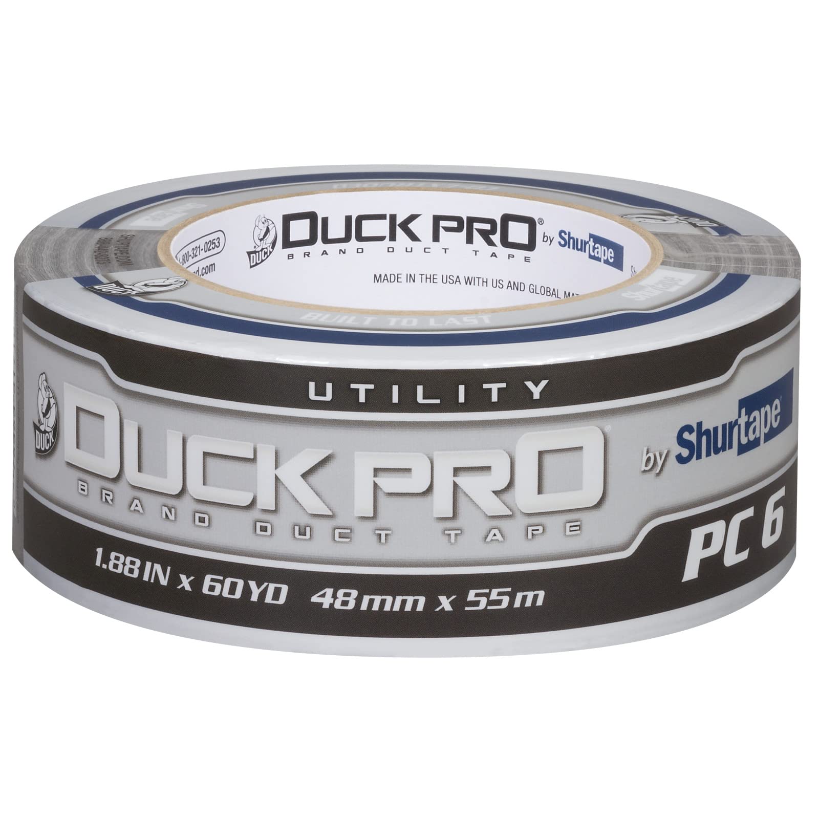 Shurtape Duck Pro Utility Grade, Co-Extruded Cloth Duct Tape for Packaging, Sealing, Waterproofing, 48mm x 60yd, 6.0 mil, Silver, 1 Roll (105449)