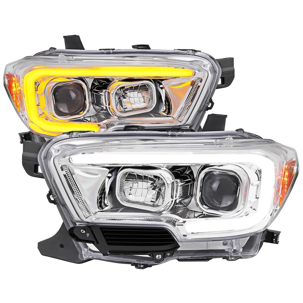 Chrome Projector Headlights SPEC-D TUNING w/Switchback LED Tube Signal Compatible with 2016-2023 Toyota Tacoma, Left + Right Pair Headlamp Assembly