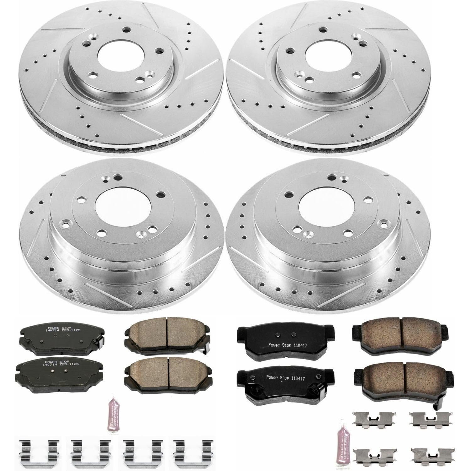 Power Stop K4440 Z23 Carbon Fiber Brake Pads Front and Rear with Drilled & Slotted Brake Rotors Kit For Hyundai Azera 2006-2009 [Model Specific]