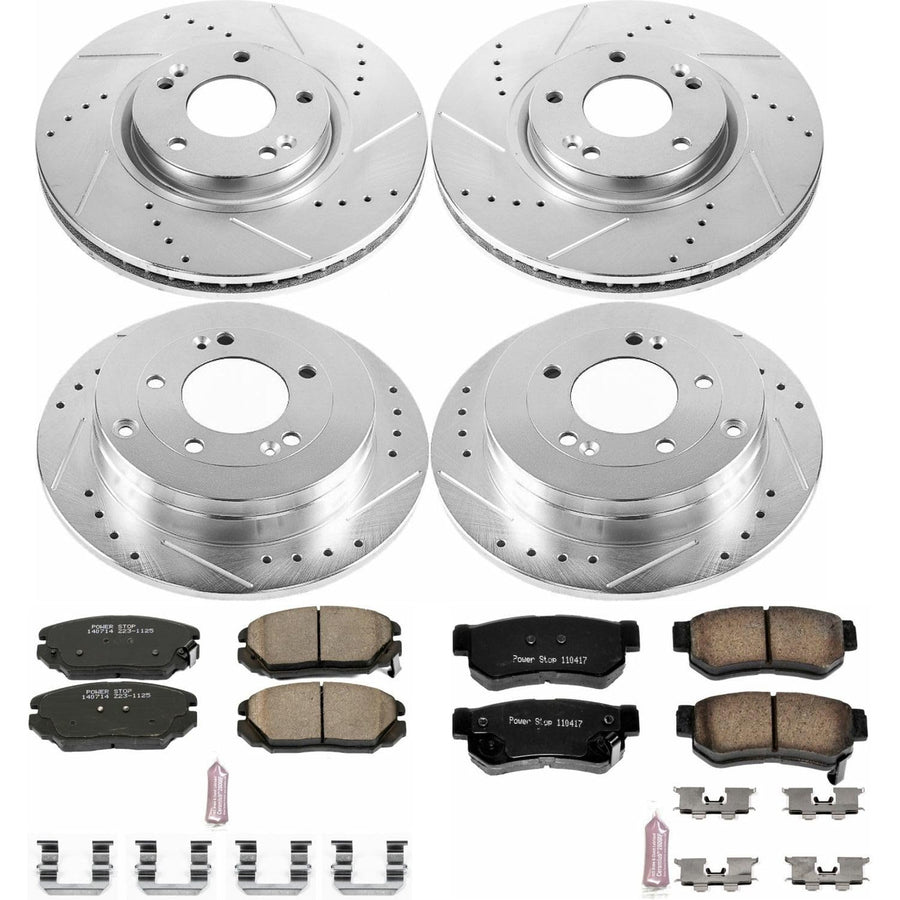 Power Stop K4440 Z23 Carbon Fiber Brake Pads Front and Rear with Drilled & Slotted Brake Rotors Kit For Hyundai Azera 2006-2009 [Model Specific]