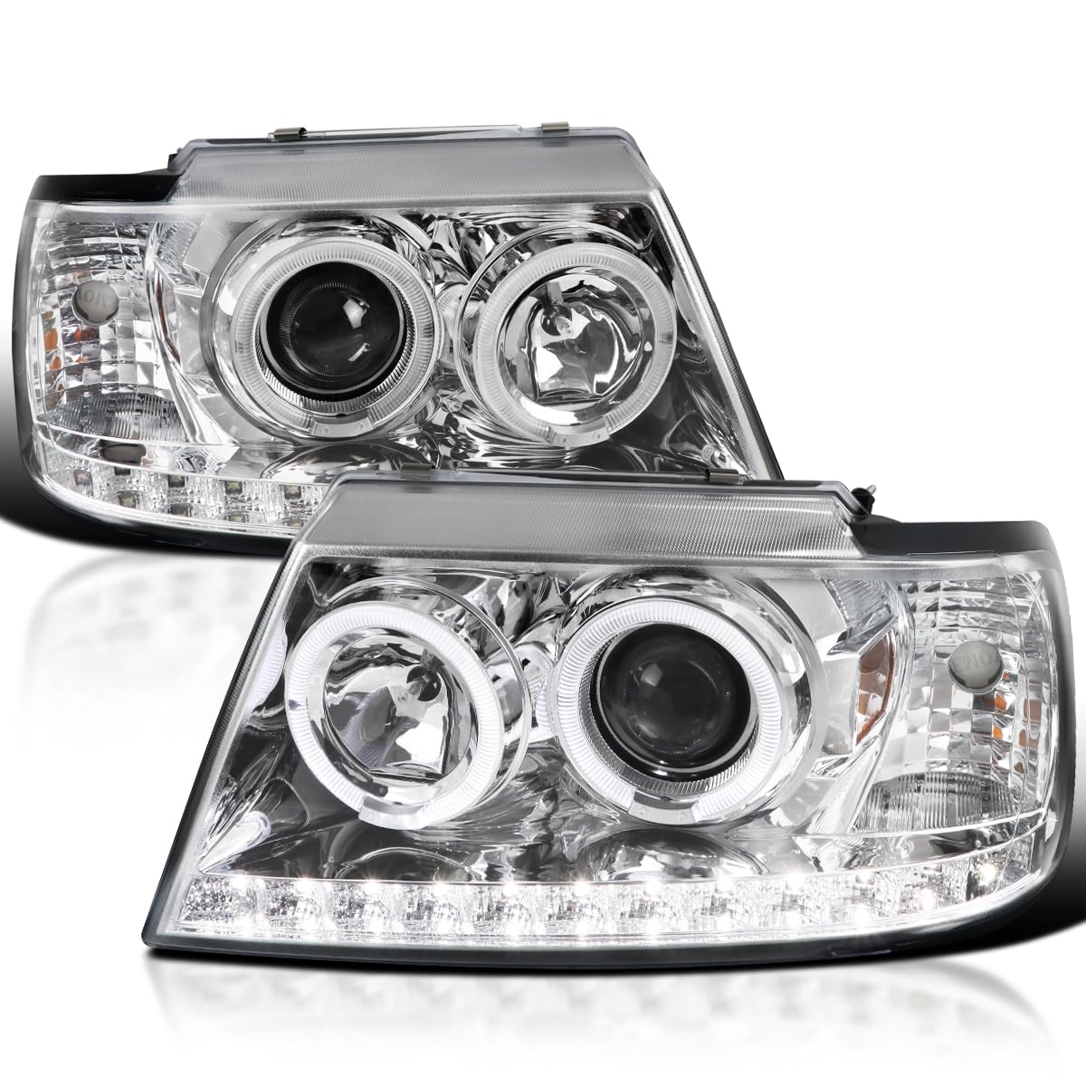 Chrome LED Halo Projector Headlights SPEC-D TUNING Compatible with 2002-2005 Ford Explorer, Left + Right Pair Headlamps Assembly