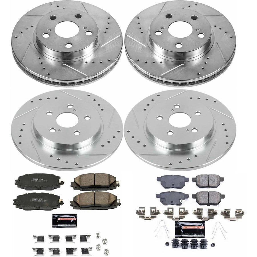 Power Stop K6487 Z23 Carbon Fiber Brake Pads Front and Rear with Drilled & Slotted Brake Rotors Kit For Lexus CT200h 2011-2017 [Model Specific]
