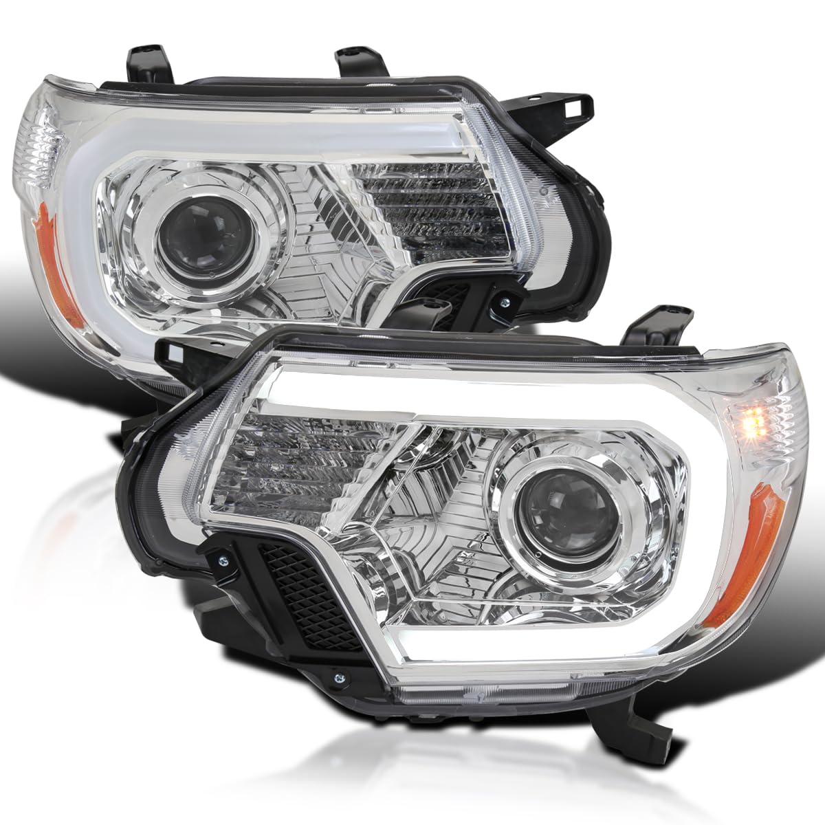 Chrome Projector Headlights w/LED Bar Spec-D Tuning Compatible with 2012-2015 Toyota Tacoma, Left + Right Head Lights Assembly