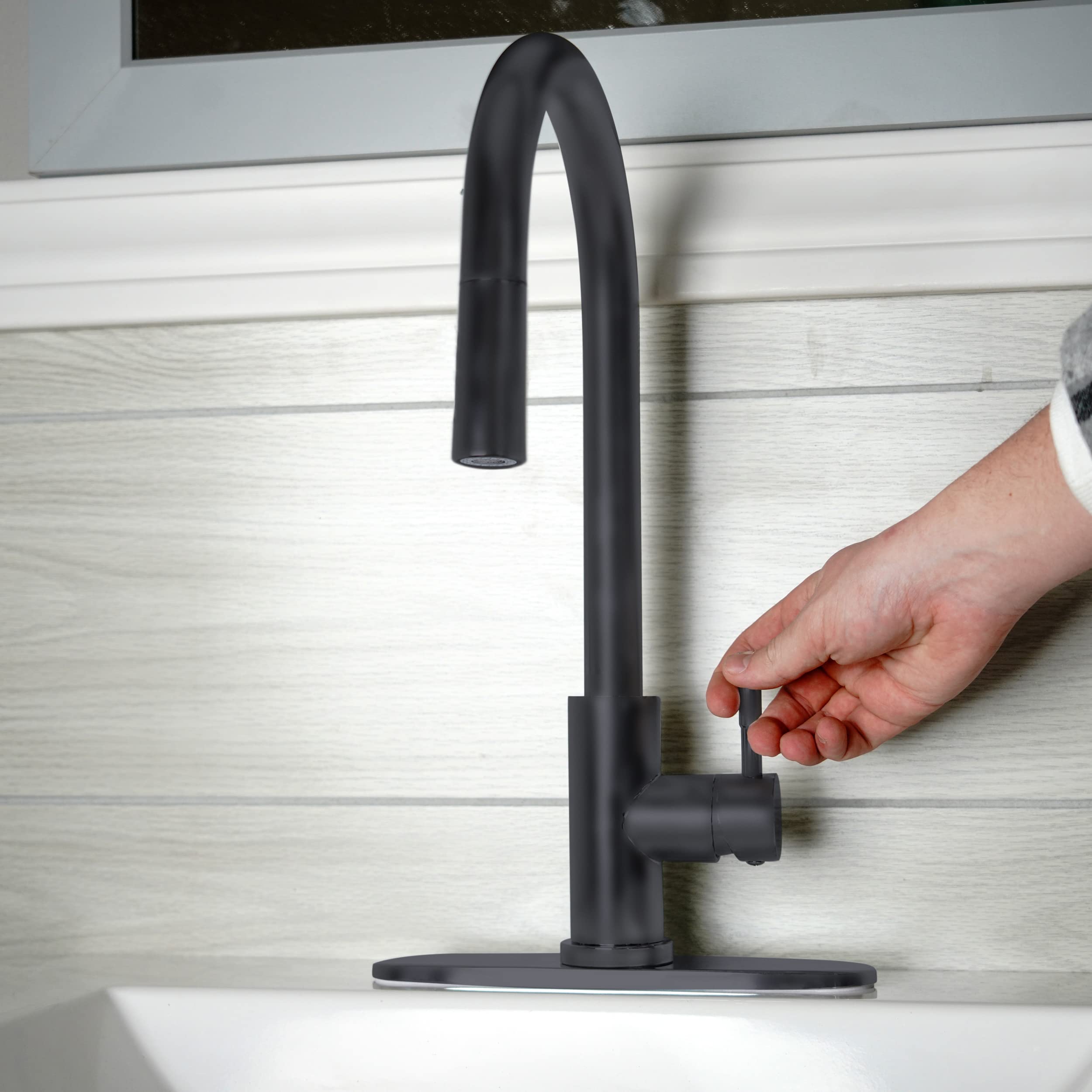Single Lever Pull-Down Kitchen Faucet Empire Faucets SL4000BMT-A with Hi-Arc Bullet Spout and Deck Plate - Black Matte