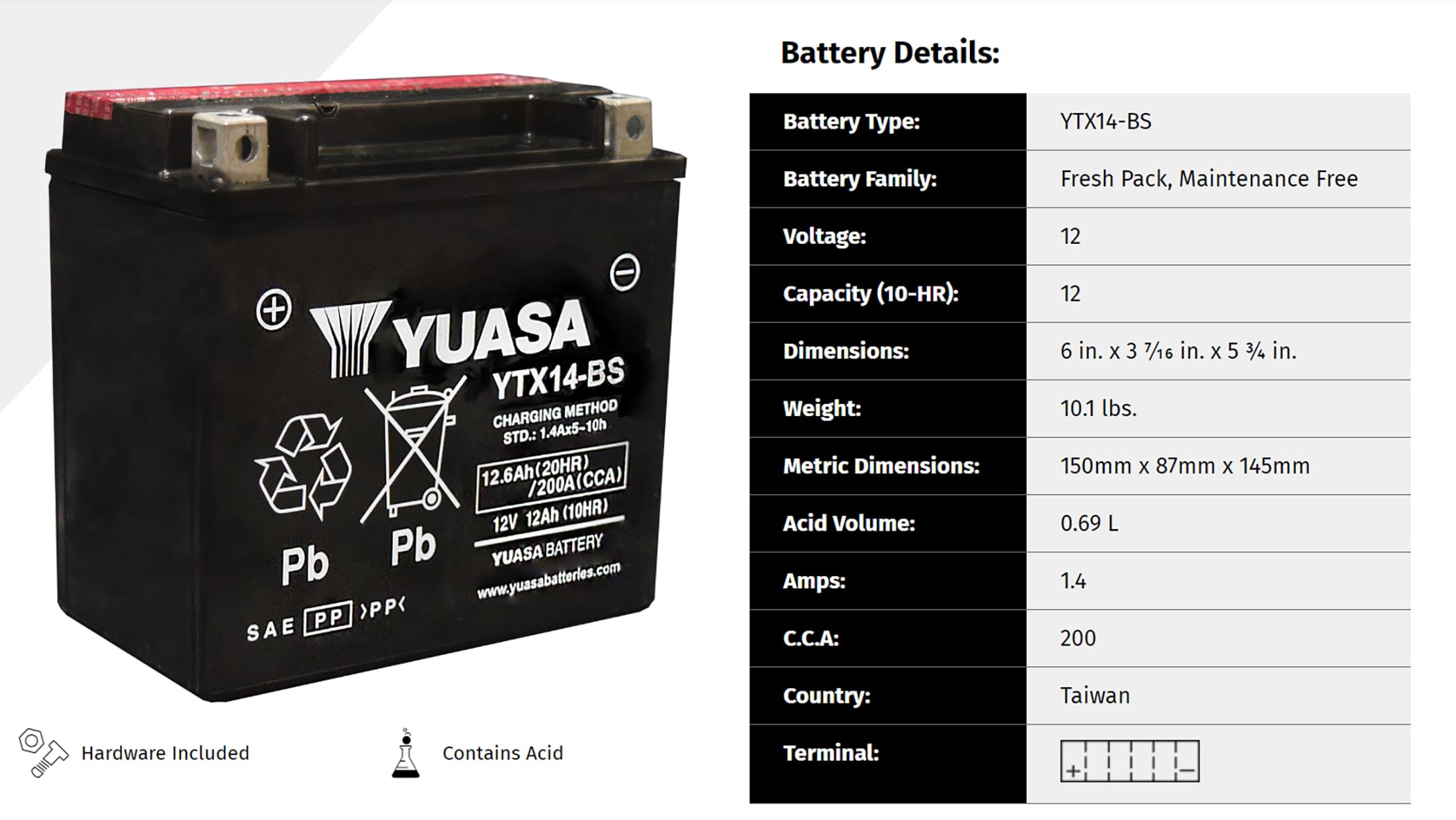 YTX14-BS YUASA Battery for Honda FL 400 R PILOT 1989-90