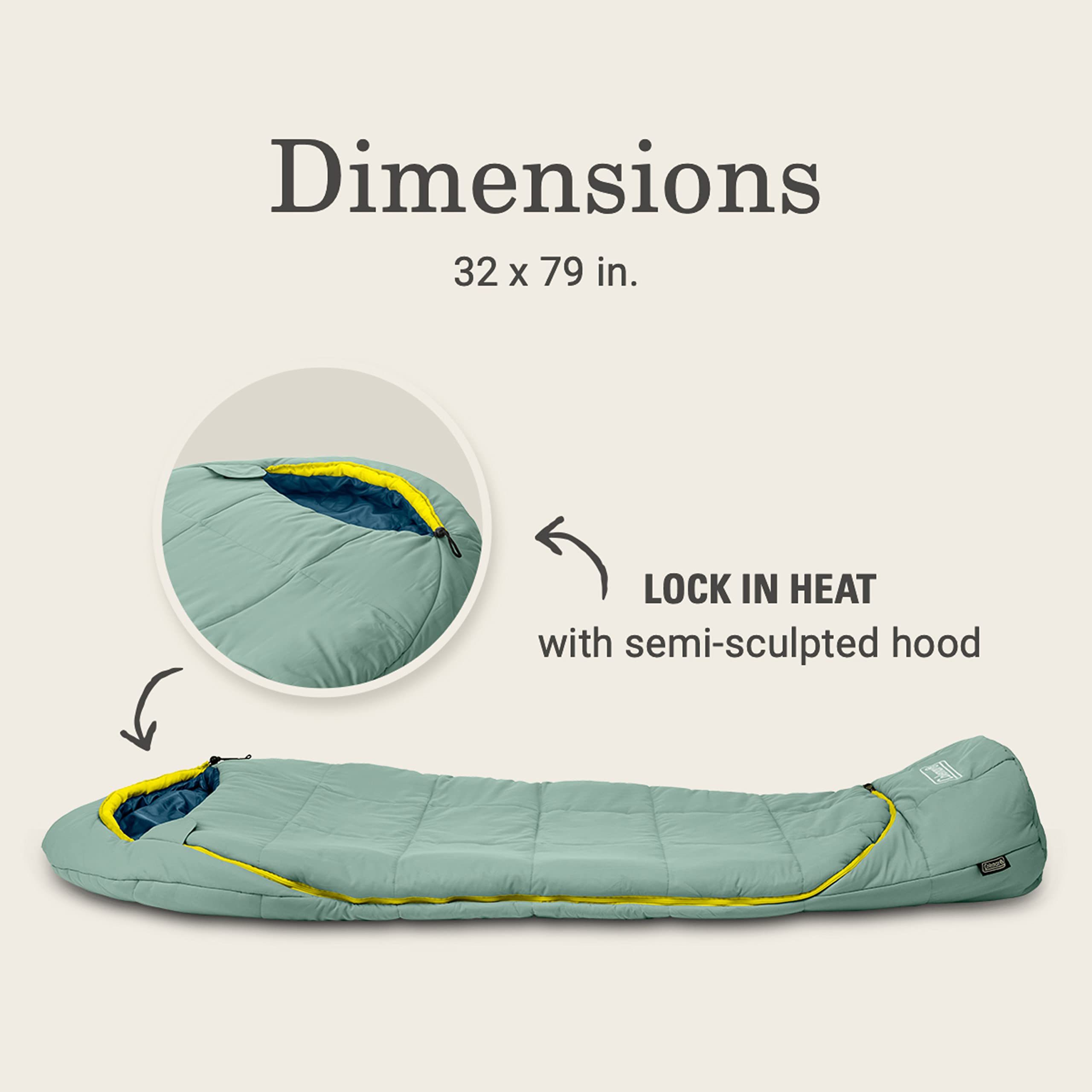 Coleman Big Bay Cold-Weather Sleeping Bag 0/20/40°F, Adult Mummy Sleeping Bag with Headrest, Foot Ventilation, & Storage Sack, Big & Tall Options