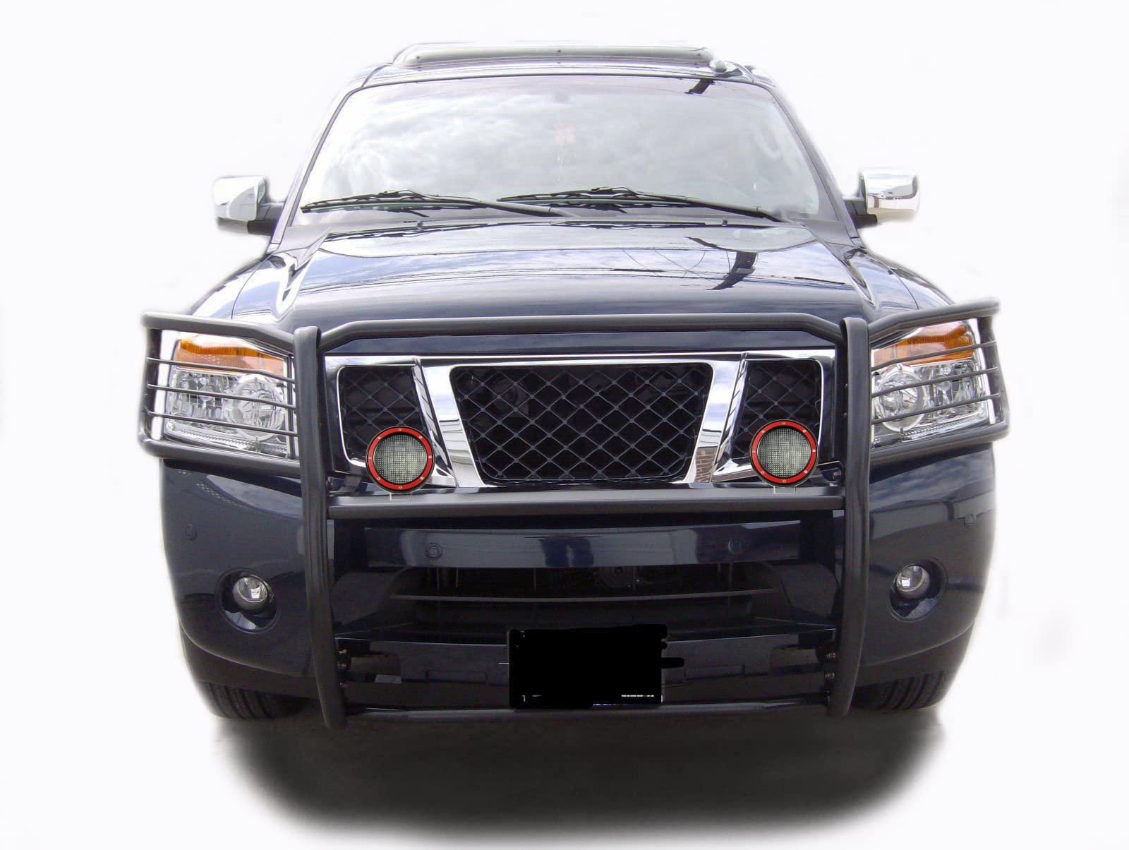Bumper Guard Black Horse Grille brush Modular Come With Pair of 5.3" Dia.LED Lights with Red Trim Rings Compatible with 2005-2015 Armada|2004-2015 Titan Crew Cab&King Cab-17NR26MA-PLFR