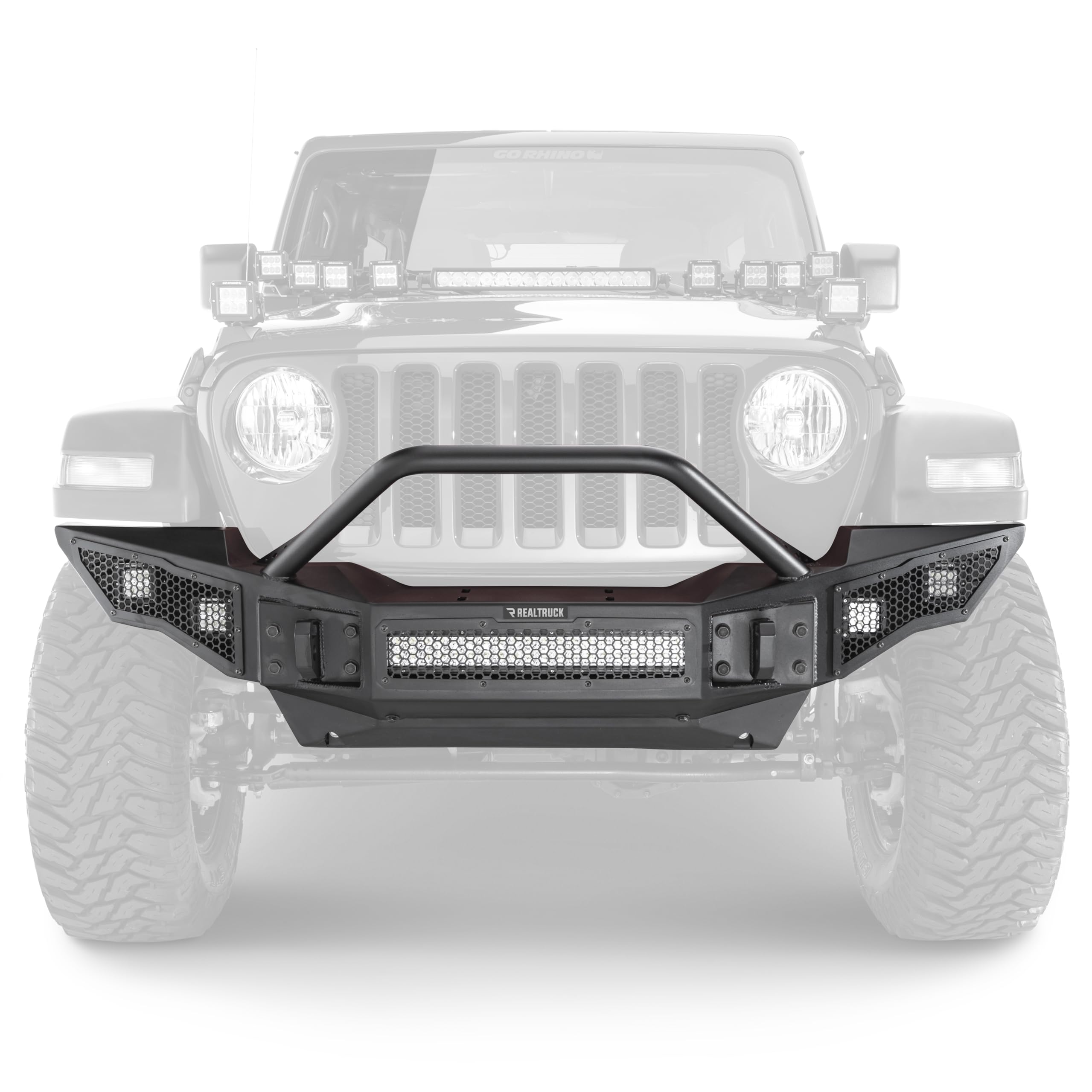 Rockline Go Rhino Full Width Front Bumper w/ Overrider | Galvanized Steel, Textured Black | 331201T | Fits 2007 - 2024 Jeep Wrangler JL, JLU, JK, JKU, Gladiator JT, 2-Door or 4-Door