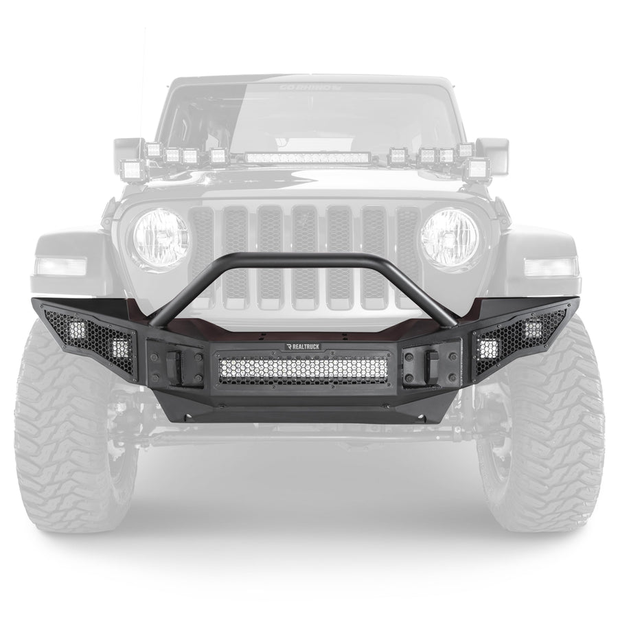 Rockline Go Rhino Full Width Front Bumper w/ Overrider | Galvanized Steel, Textured Black | 331201T | Fits 2007 - 2024 Jeep Wrangler JL, JLU, JK, JKU, Gladiator JT, 2-Door or 4-Door