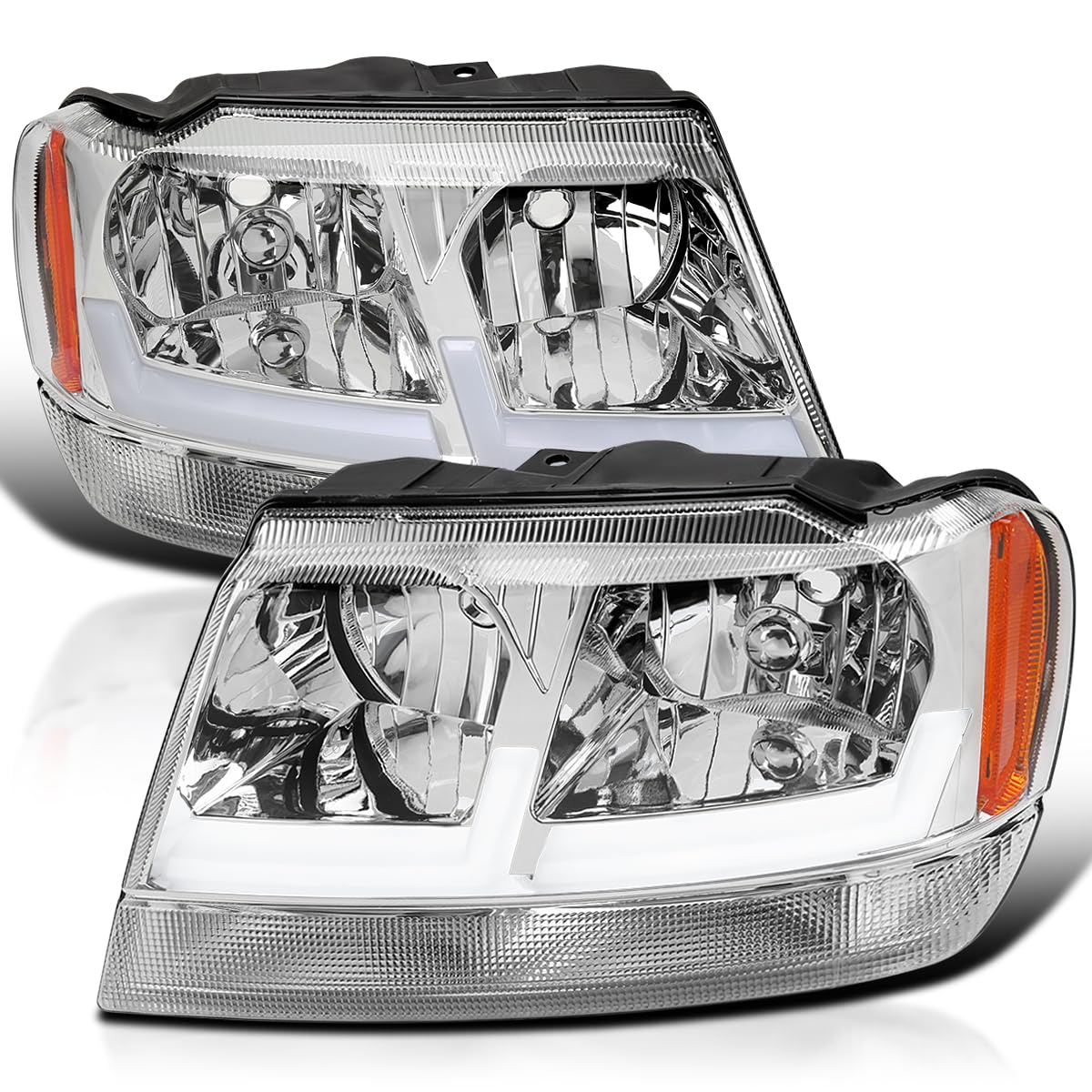 Chrome Headlights SPEC-D TUNING with Fiber Optic LED Strips Compatible with 1999-2004 Jeep Grand Cherokee, Left + Right Pair Headlamp Assembly
