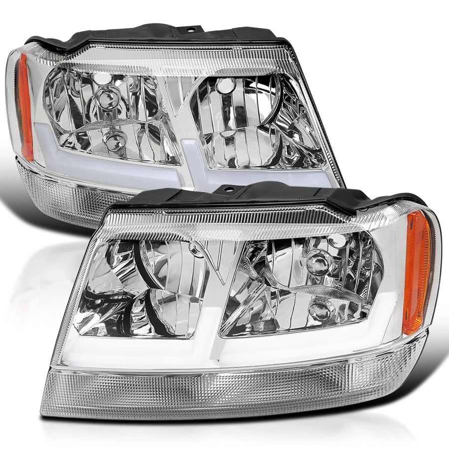 Chrome Headlights SPEC-D TUNING with Fiber Optic LED Strips Compatible with 1999-2004 Jeep Grand Cherokee, Left + Right Pair Headlamp Assembly