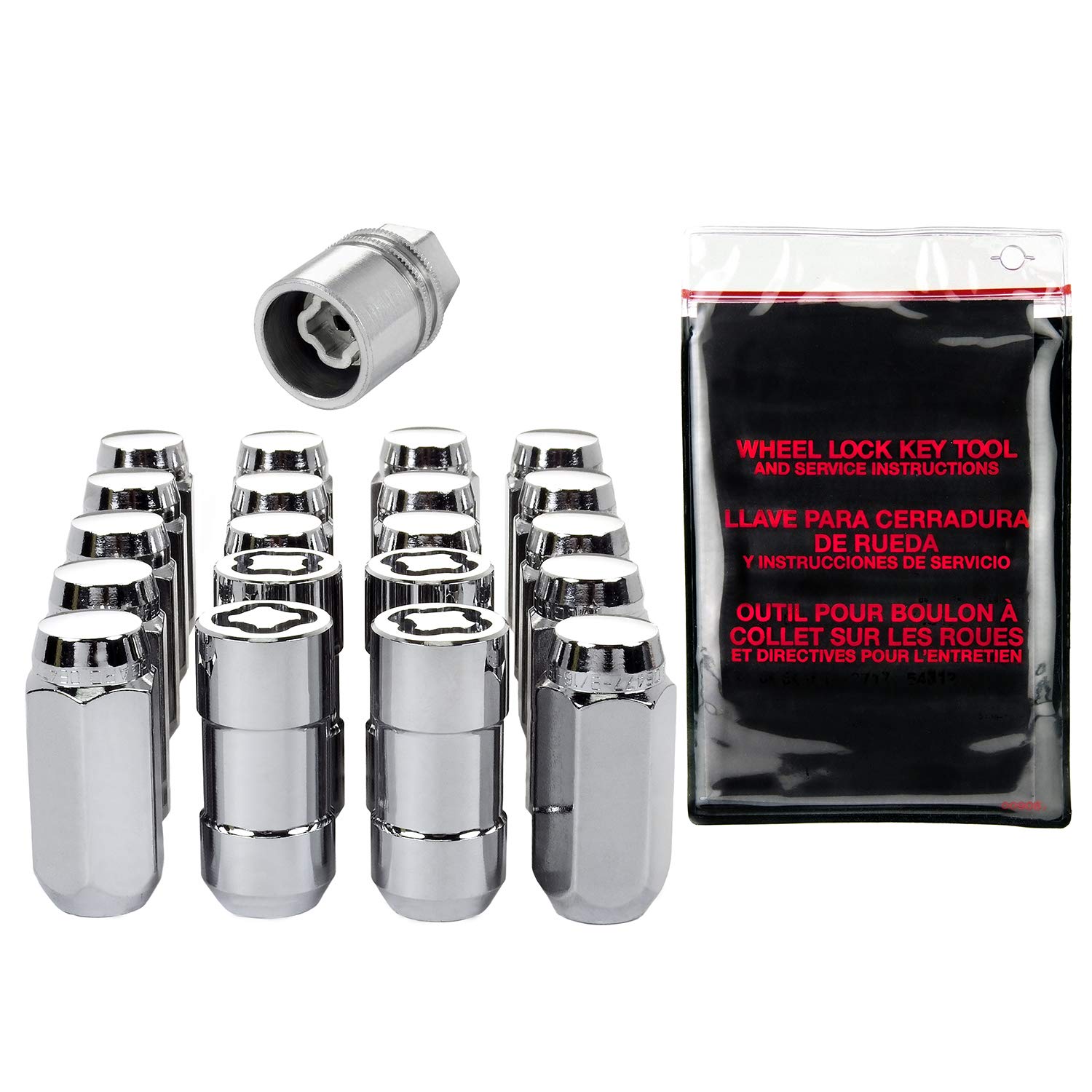 Chrome Cone Seat McGard 84520 Wheel Installation Kit (M14 x 1.5 Thread Size) - for 5 Lug Wheels, 16 Lug Nuts / 4 Locks / 1 Key / 1 Storage Pouch