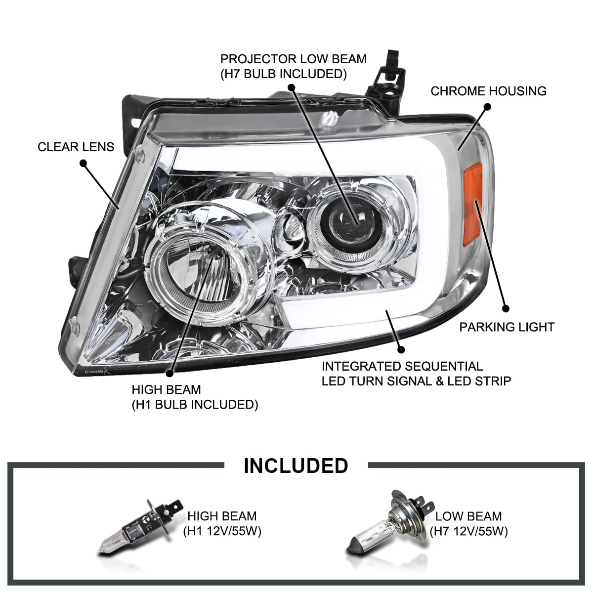 Chrome Projector Headlights SPEC-D TUNING w/Switchback Sequential Signal LED Tube Compatible with 2004-2008 Ford F150 2006-2008 Lincoln Mark LT, Left + Right Pair Headlamps Assembly