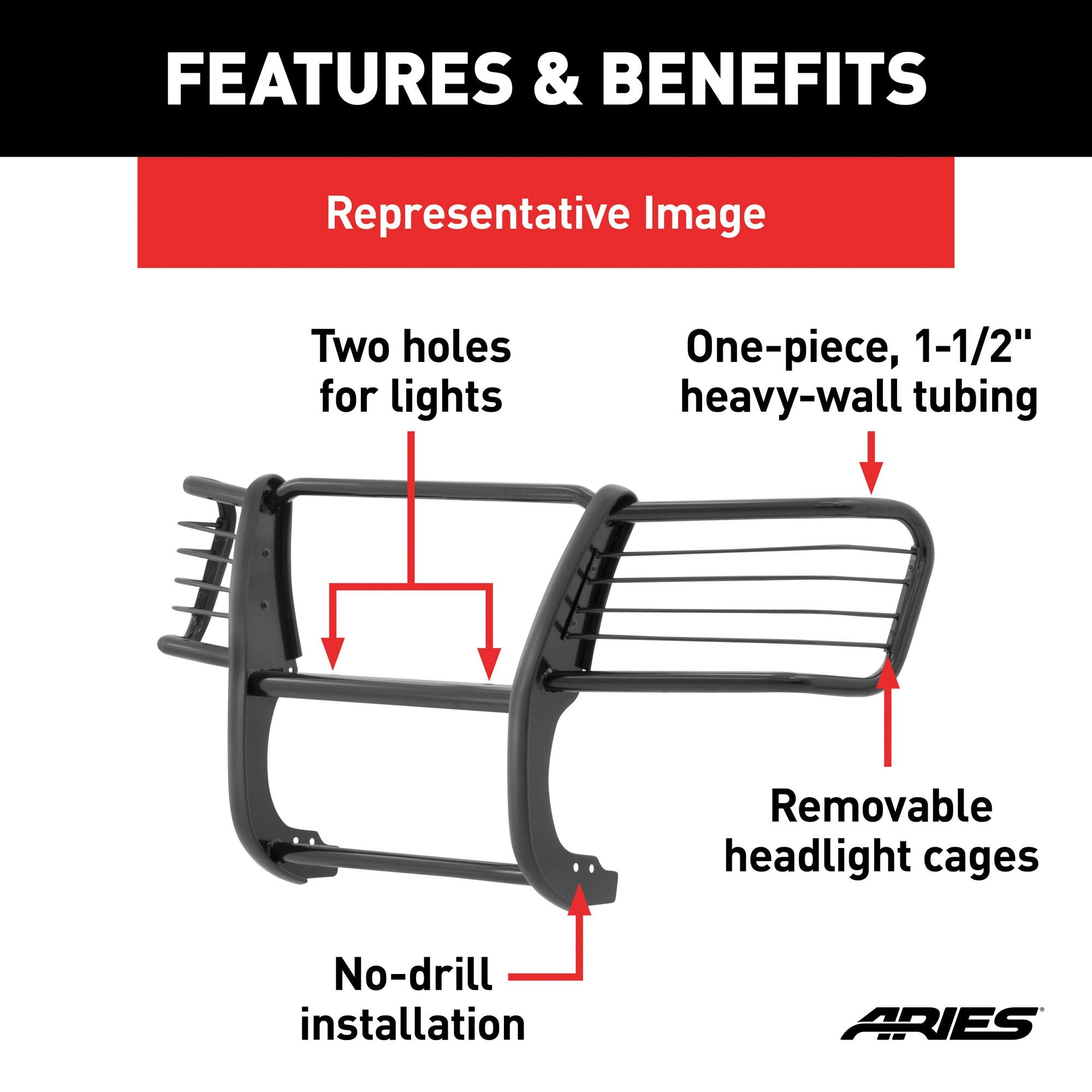1-1/2-Inch Black Steel ARIES Grille Guard, No-Drill, Select Toyota Tacoma 2049