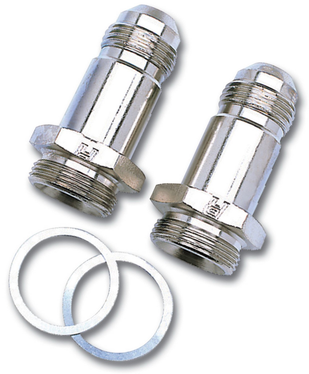 Carburetor Russell Inlet Fitting, Straight, 8 AN Male to 7/8-20 in Male, 2 in Long, Aluminum, Nickel Anodized, Holley Carburetors, Pair