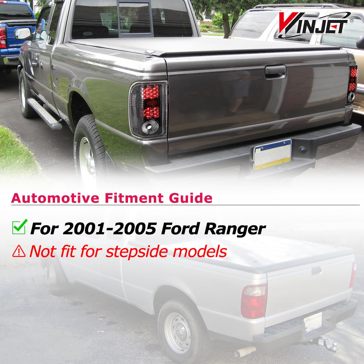 LED Tail Lights Assembly Winjet Fit For 2001 2002 2003 2004 2005 Ford Ranger, Taillights Replacement For Ford, Rear Lamps w/Turn Signal/Running/Brake/Reverse Light (Black Housing Clear Lens)