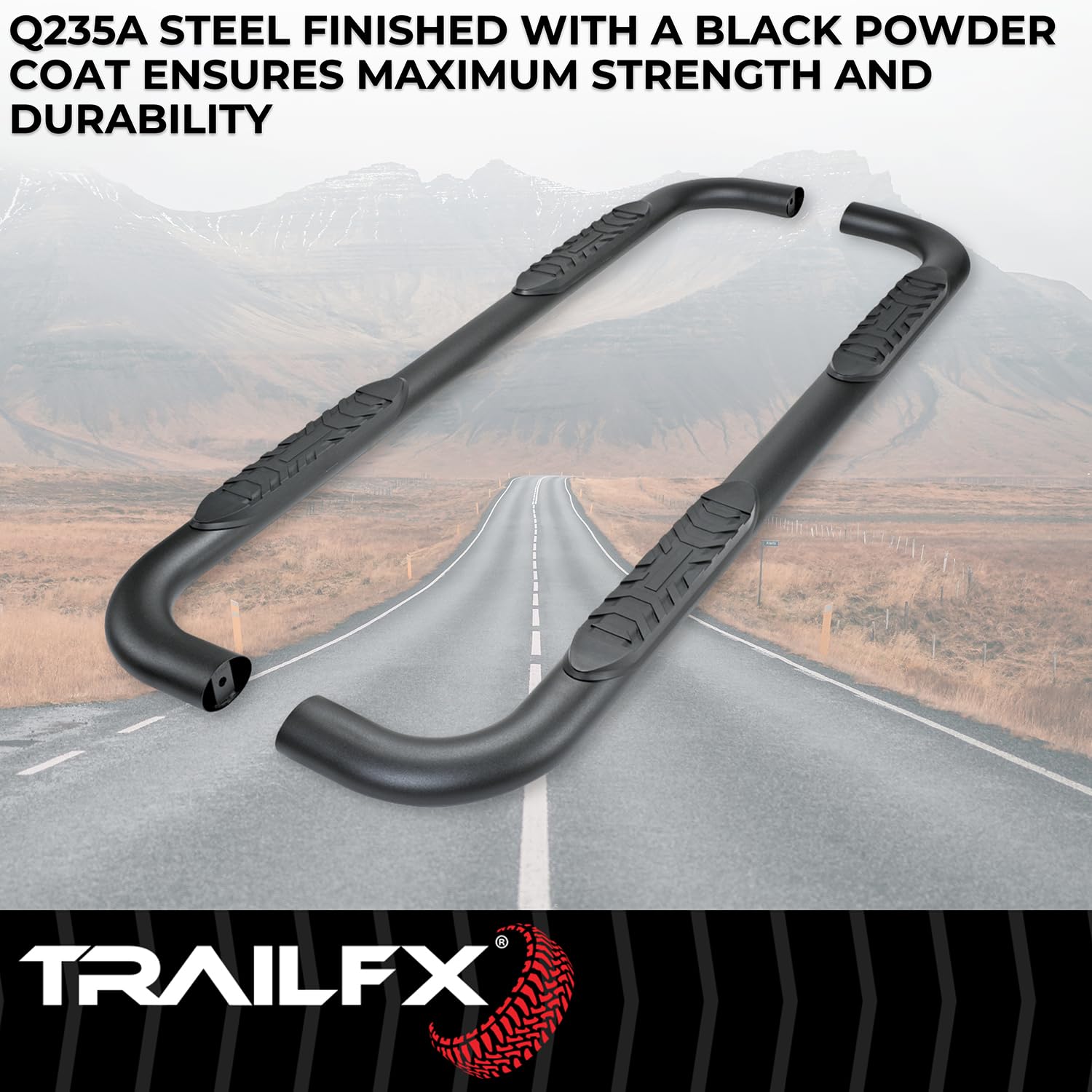 TrailFX Nerf Bars for 2019-2025 Ram 1500 Crew Cab Titanium Black Steel 4 Inch Oval Bent Side Steps with Slip-Resistant Molded Step Pads Rocker Panel Mount Set of 2 Running Boards