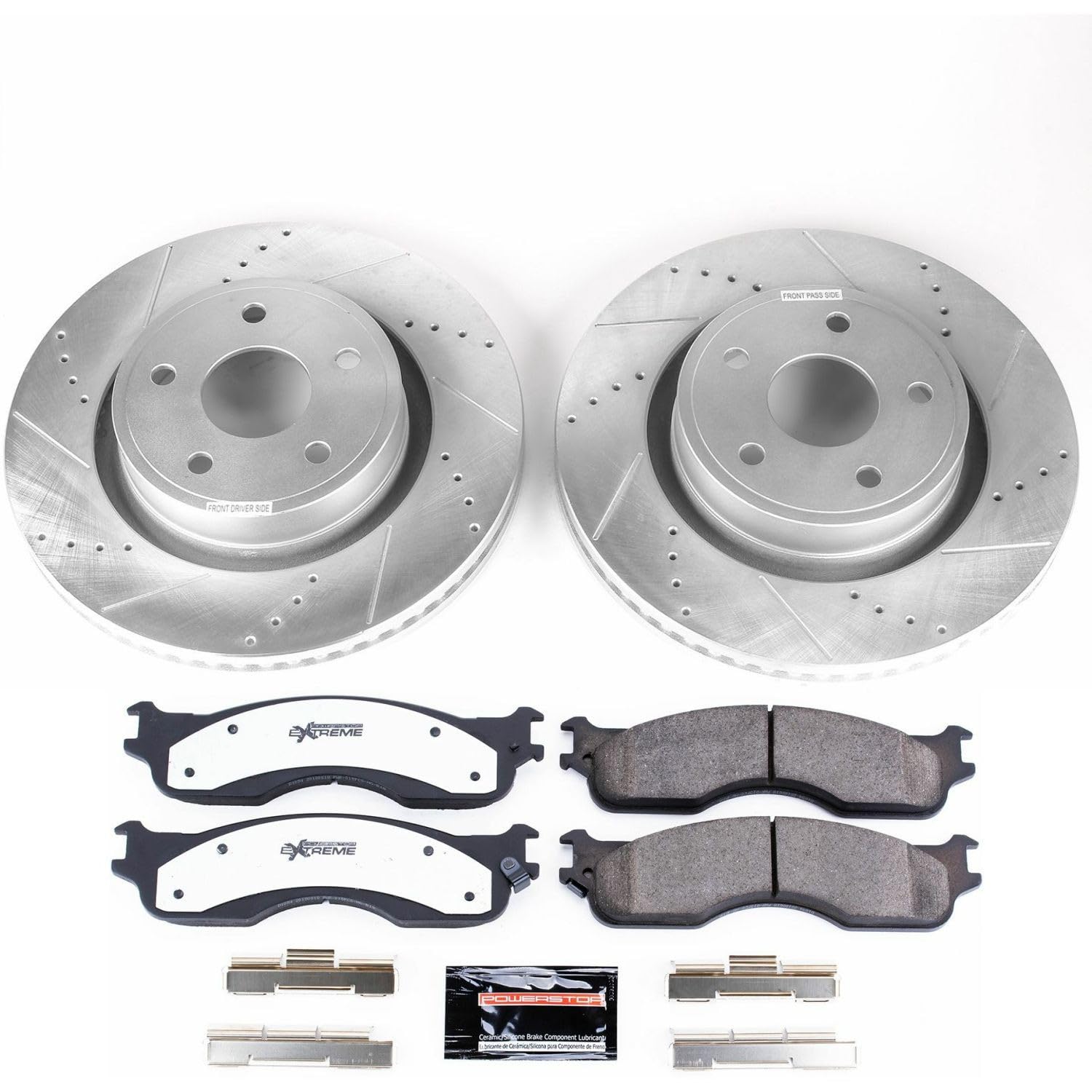 Front Brake Kit Power Stop For 2004 Dodge Ram 1500 - Truck & Tow Carbon Fiber Ceramic Brake Pads & Drilled and Slotted Rotors Replacement, K4584-36